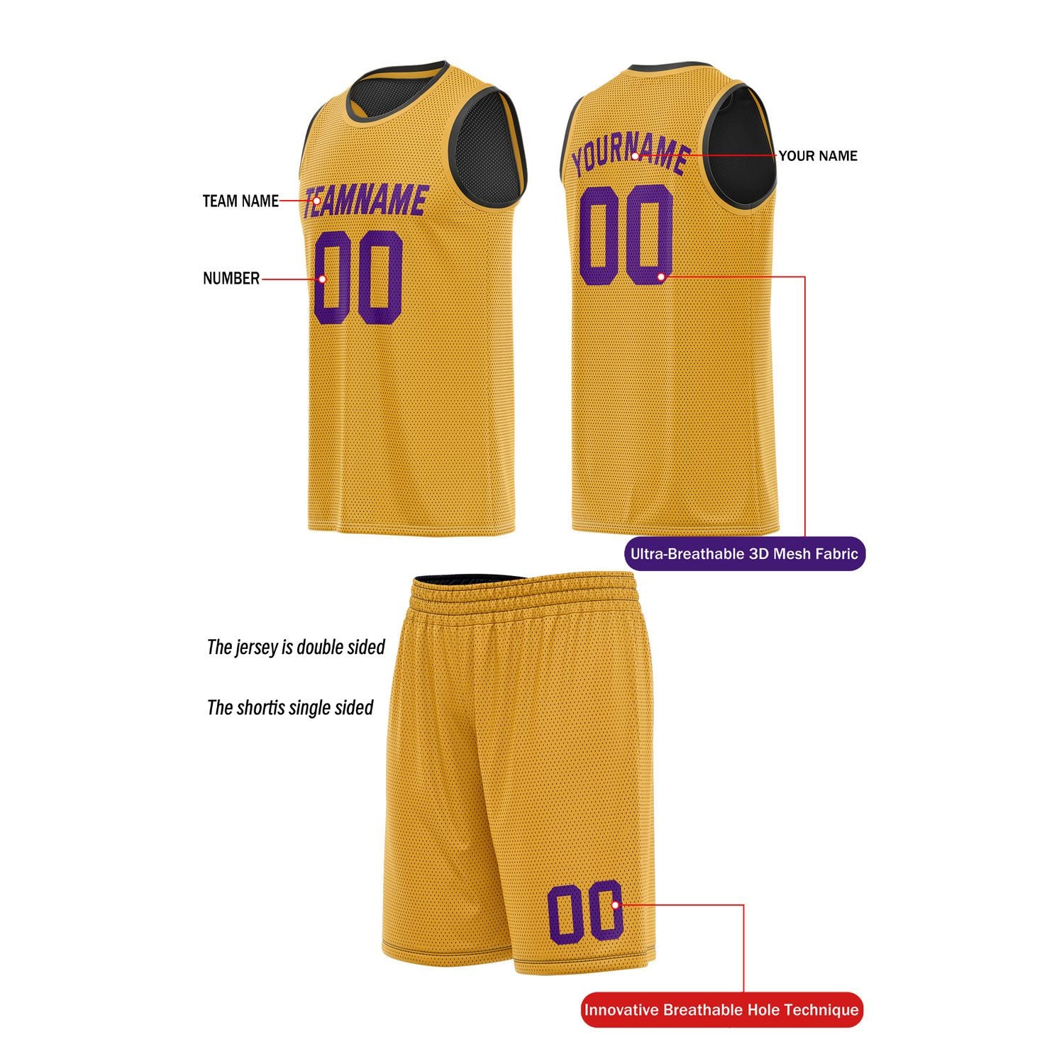 Custom Reversible Black & Gold Basketball Uniform (Jersey + Shorts) | Personalized Team Set | Vosoli