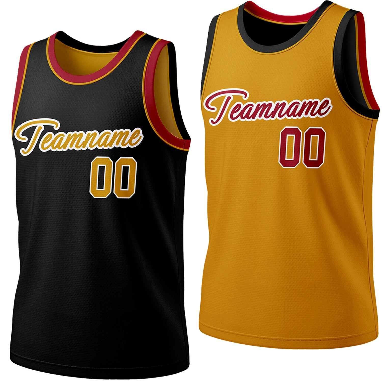 Custom reversible black & gold basketball jersey, personalized script team name number Logo breathable sports top (with red accents) for men women youth Adult game practice - Vosoli