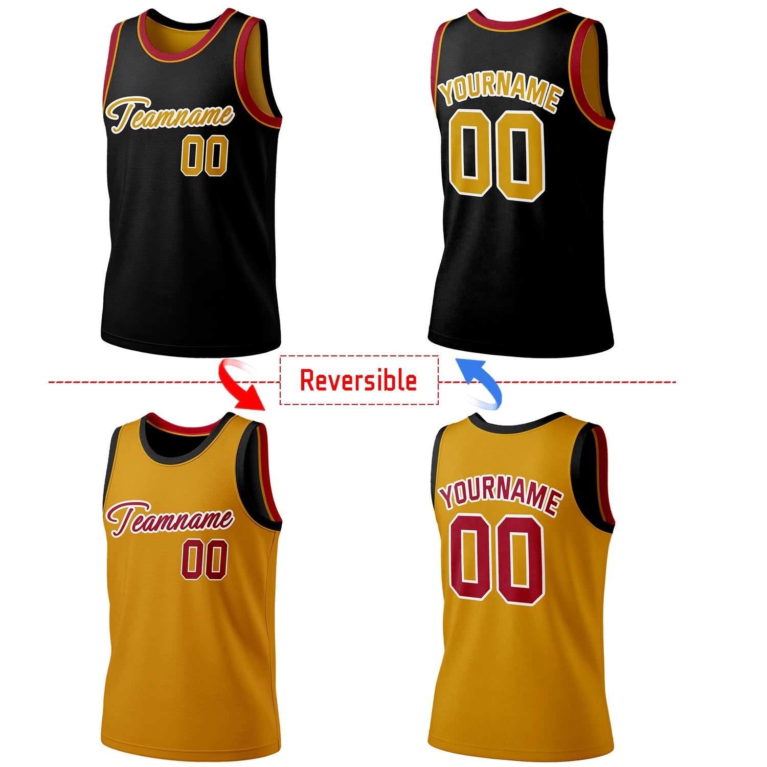 Custom reversible black & gold basketball jersey, personalized script team name number Logo breathable sports top (with red accents) for men women youth Adult game practice - Vosoli