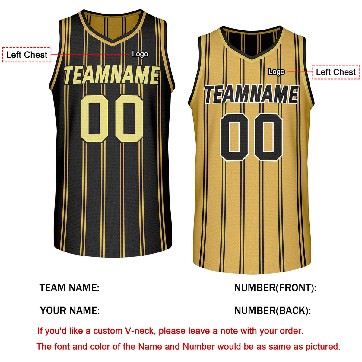 Custom Reversible Black Gold Striped Basketball Jersey | Team Name & Number - Vosoli