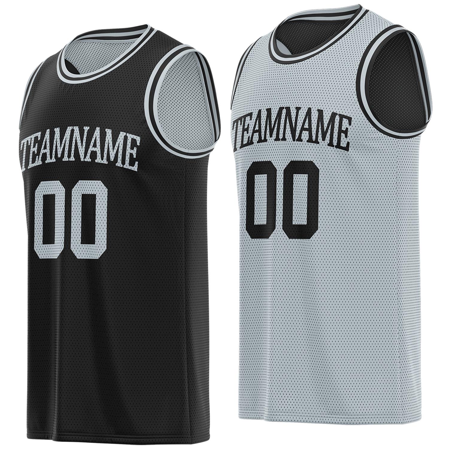Custom reversible black & gray basketball jersey, personalized team name number logo breathable mesh sports top for men women youth game practice - Vosoli