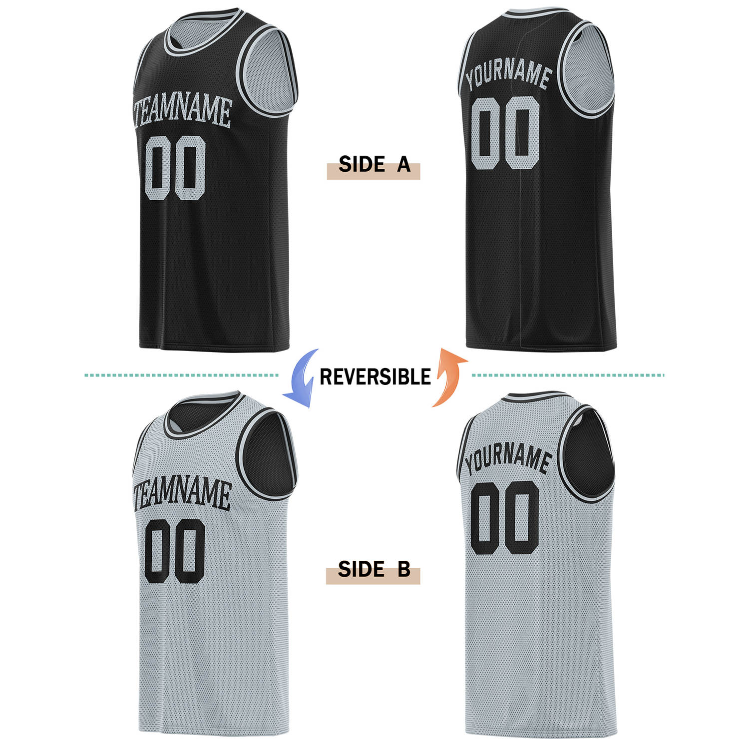 Custom reversible black & gray basketball jersey, personalized team name number logo breathable mesh sports top for men women youth game practice - Vosoli