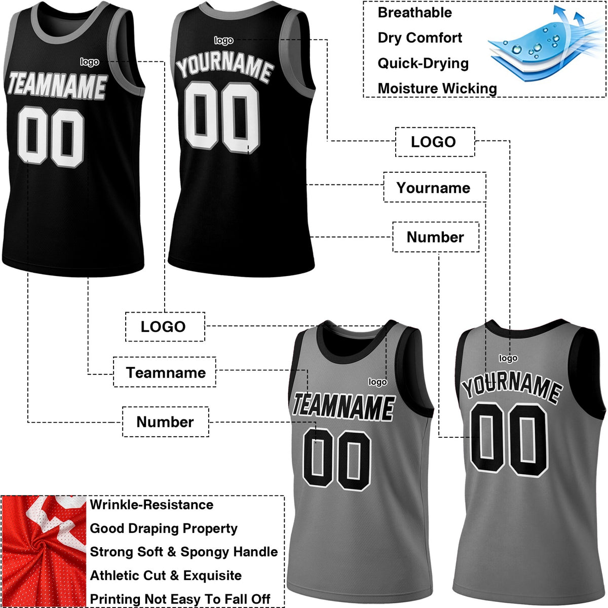 Custom Reversible Black & Gray Basketball Jersey | Personalized Team Jersey | Vosoli