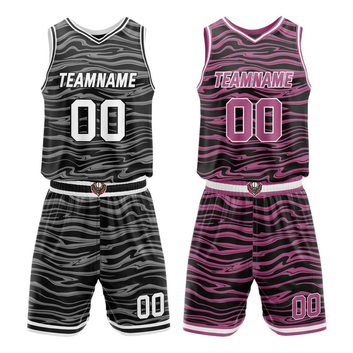 Custom Reversible Black-Gray &amp; Black-Pink Wave Basketball Jersey Set - Personalized Team Name, Number &amp; LOGO | Vosoli