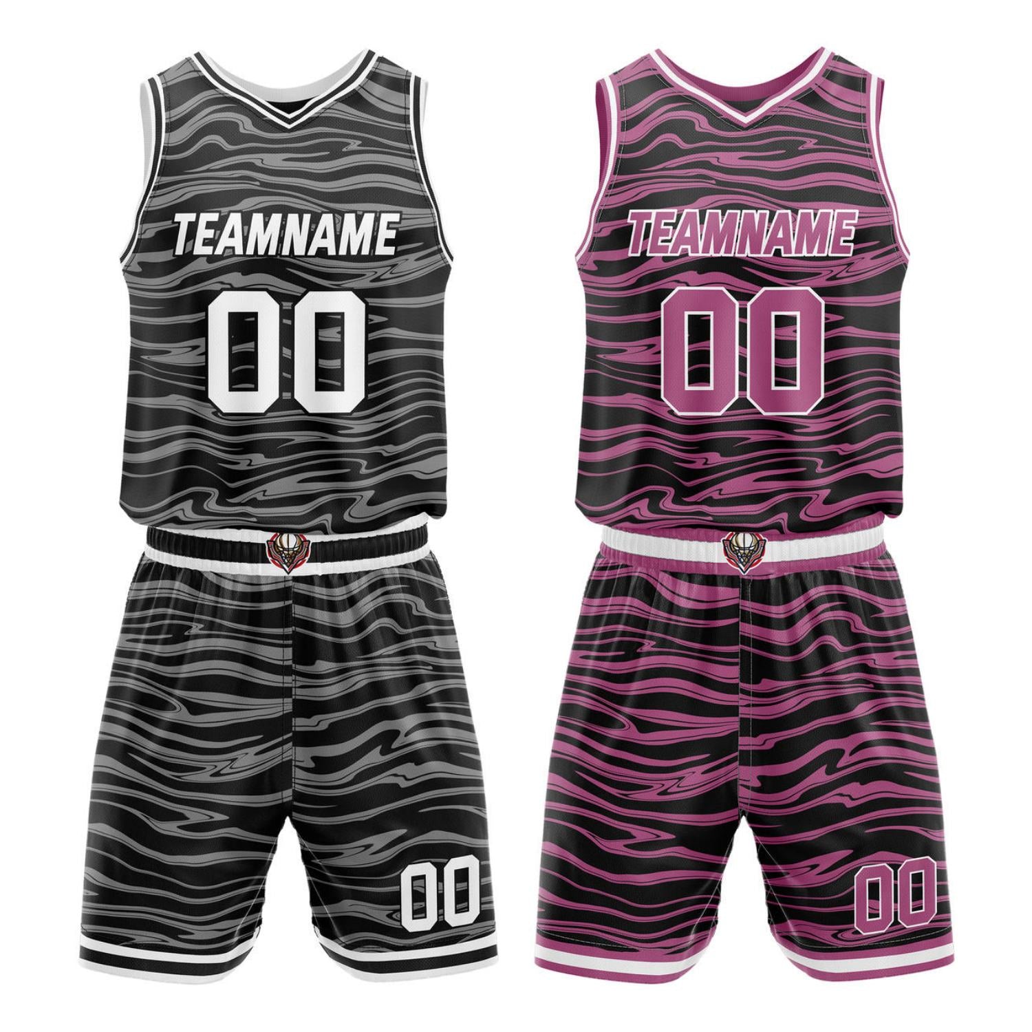 Custom Reversible Black-Gray & Black-Pink Wave Basketball Jersey Set - Personalized Team Name, Number & LOGO | Vosoli