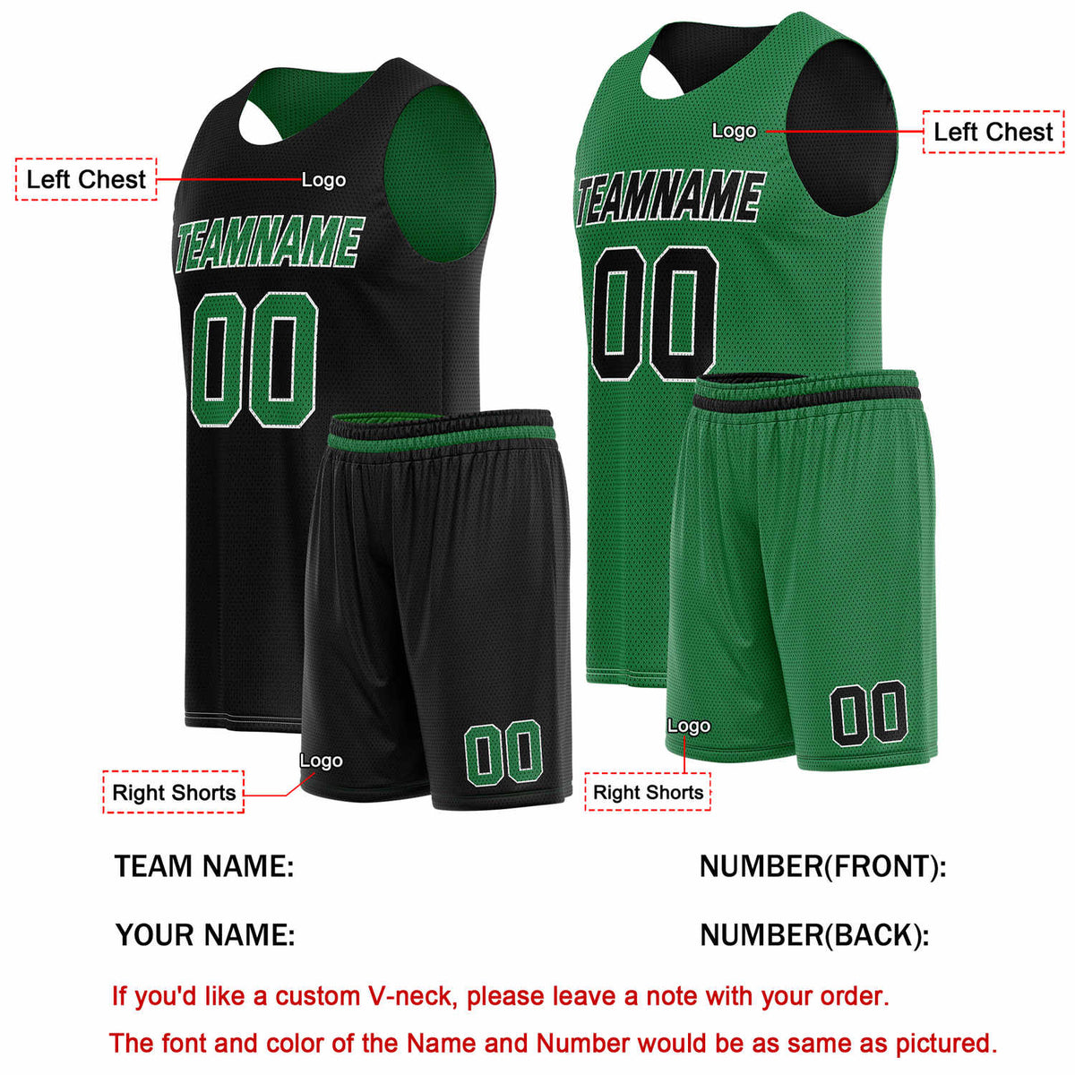 Custom Reversible Black Green Basketball Uniform Set | Team Name & Number - Vosoli