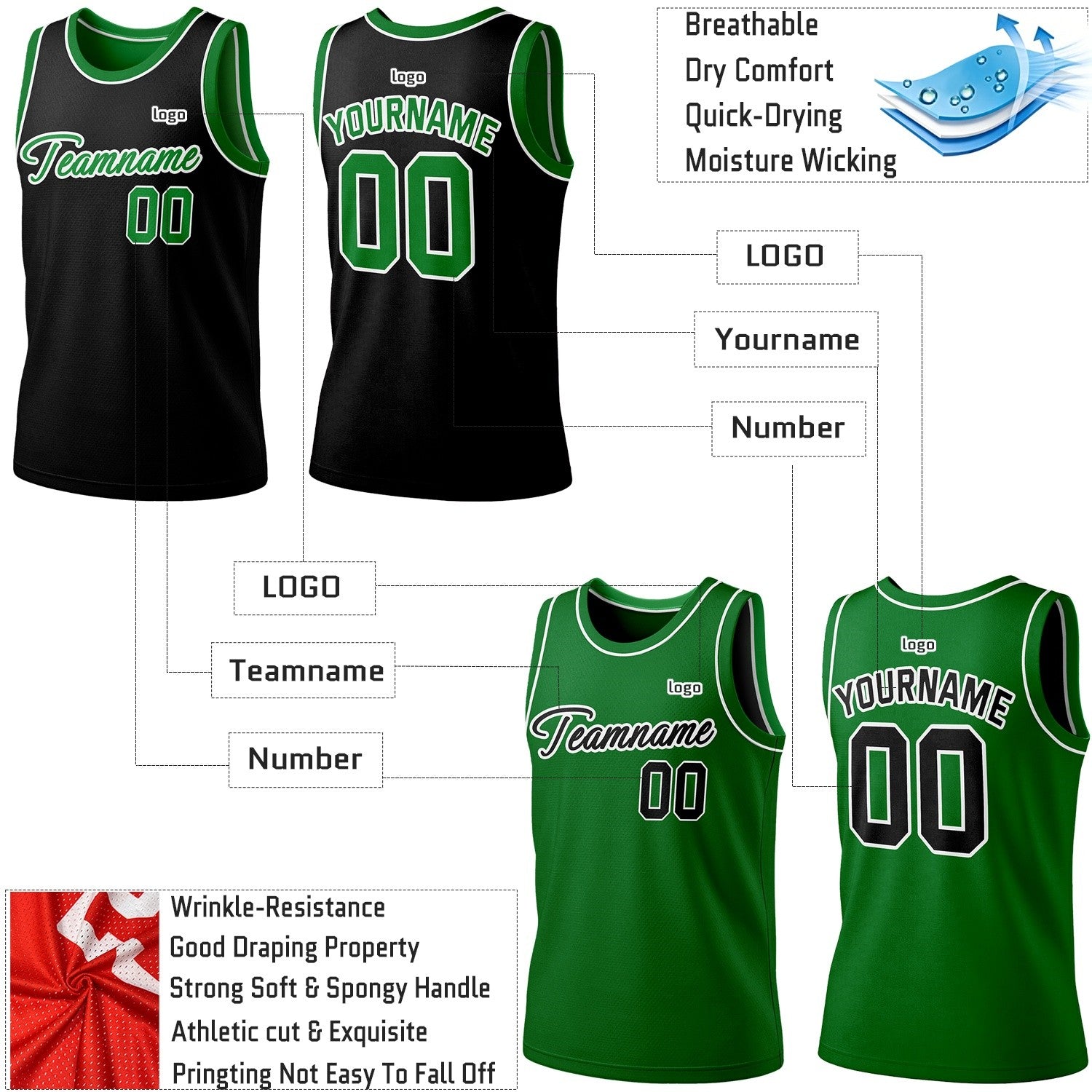 Custom Reversible Black & Green Basketball Jersey | Personalized Team Jersey | Vosoli