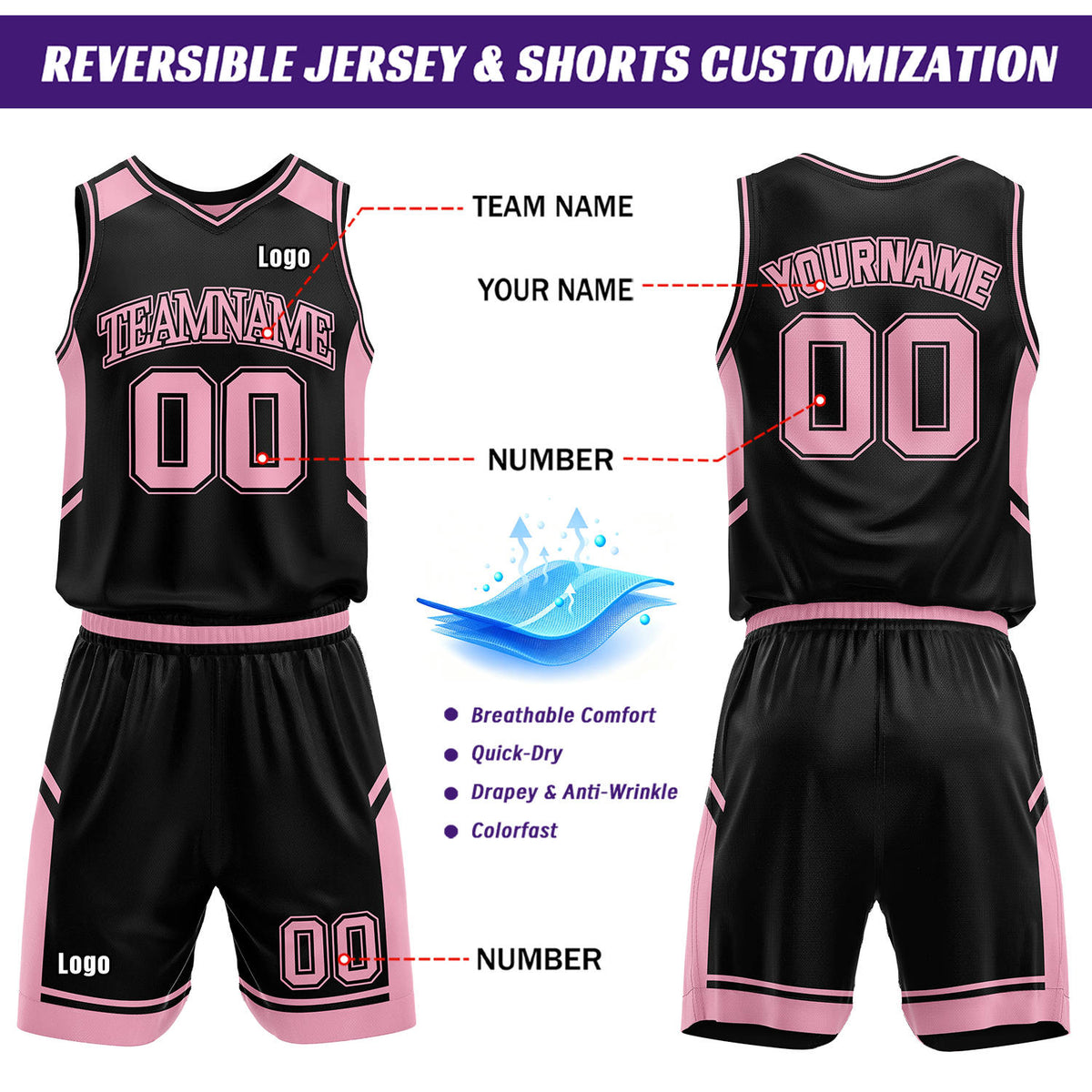 Custom Reversible Basketball Uniform Set | Black & Light Pink V-Neck Sleeveless Jersey & Athletic Shorts