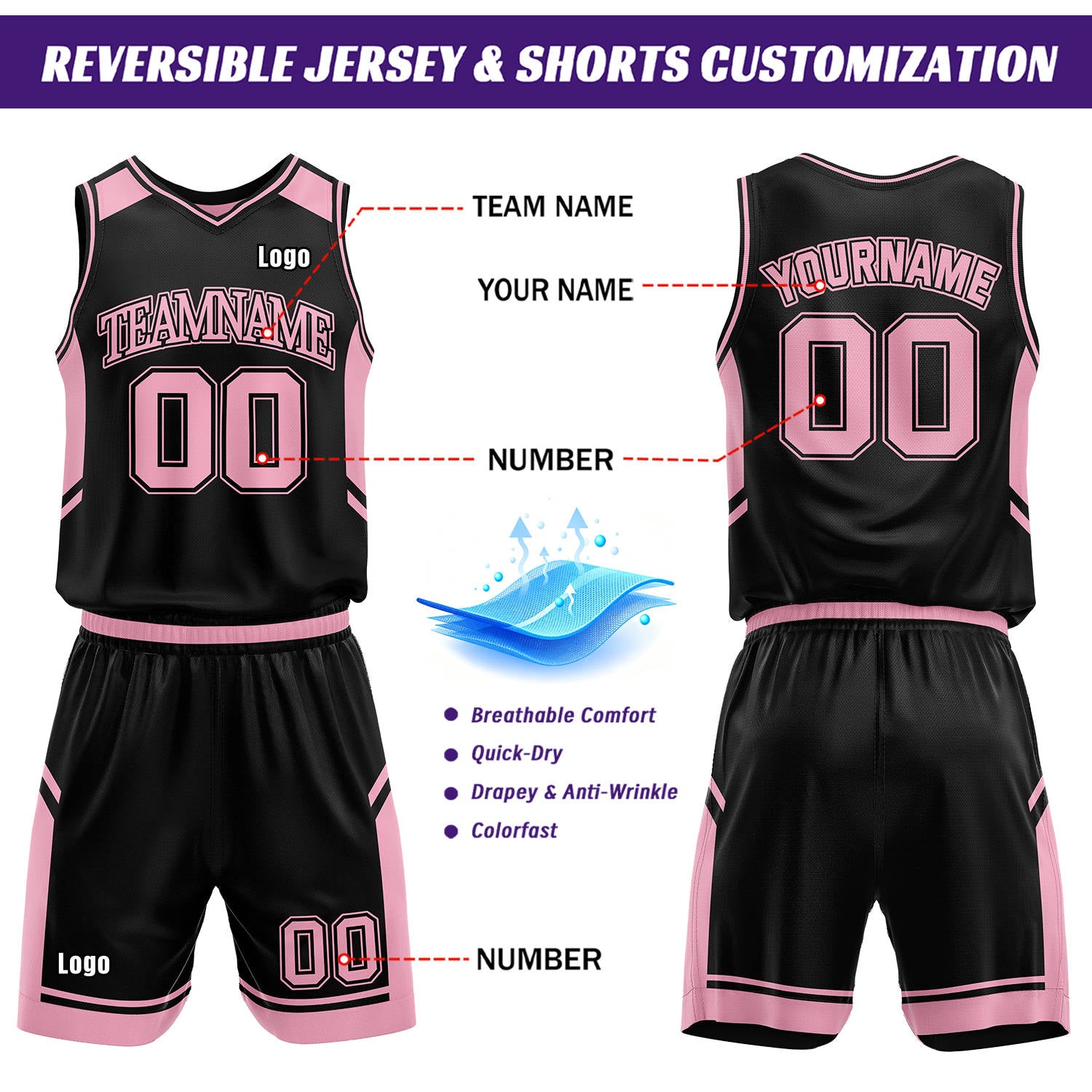 Custom Reversible Basketball Uniform Set | Black & Light Pink V-Neck Sleeveless Jersey & Athletic Shorts