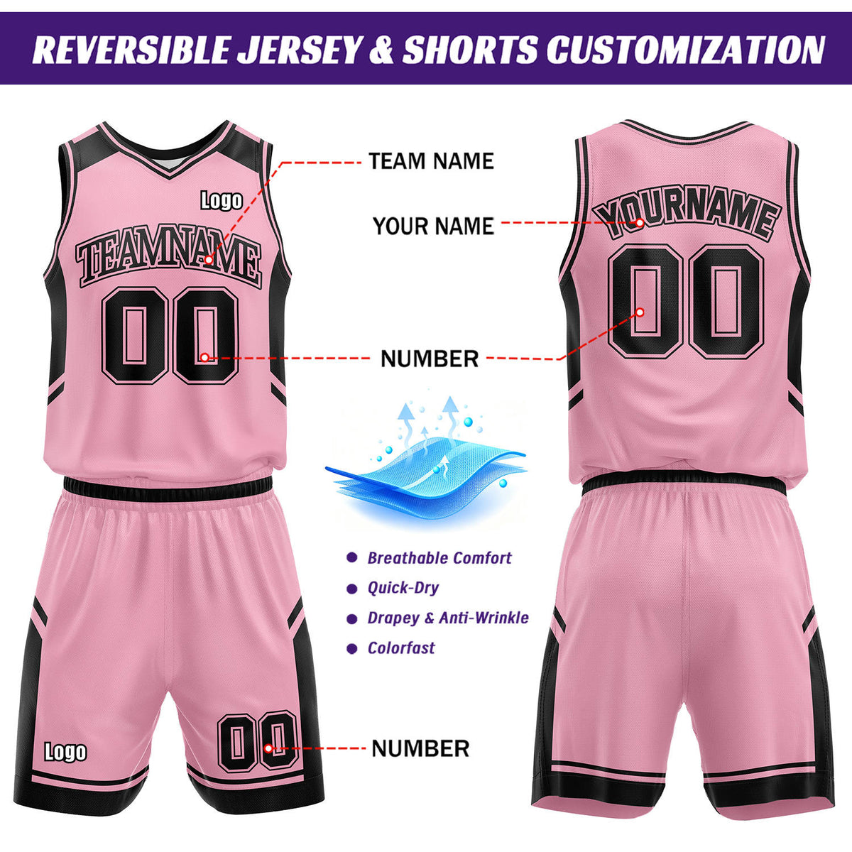 Custom Reversible Basketball Uniform Set | Black & Light Pink V-Neck Sleeveless Jersey & Athletic Shorts