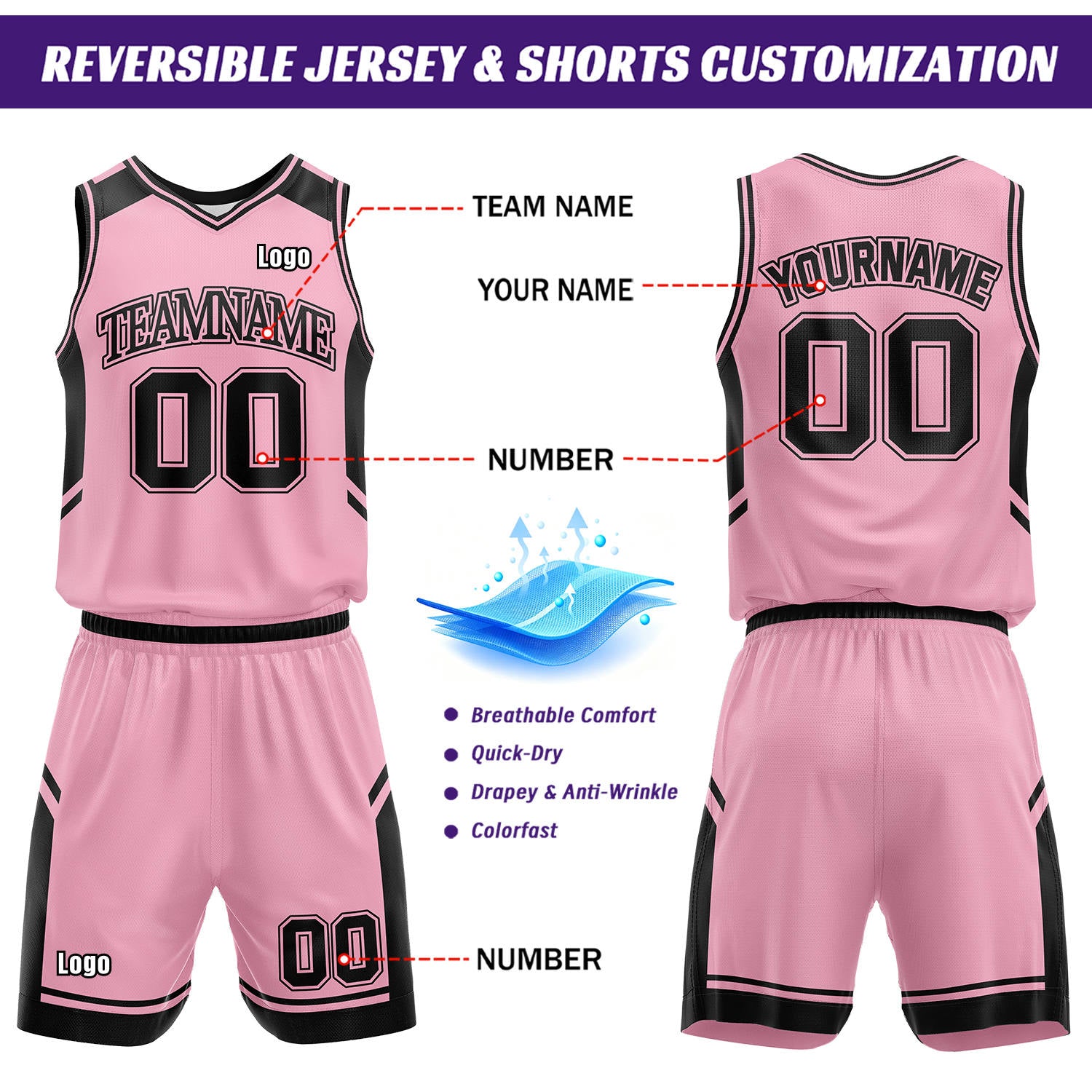 Custom Reversible Basketball Uniform Set | Black & Light Pink V-Neck Sleeveless Jersey & Athletic Shorts