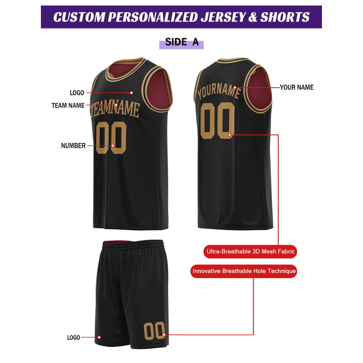Custom Reversible Black & Crimson Basketball Uniform Set | Personalized for Team Sports Practice - Vosoli