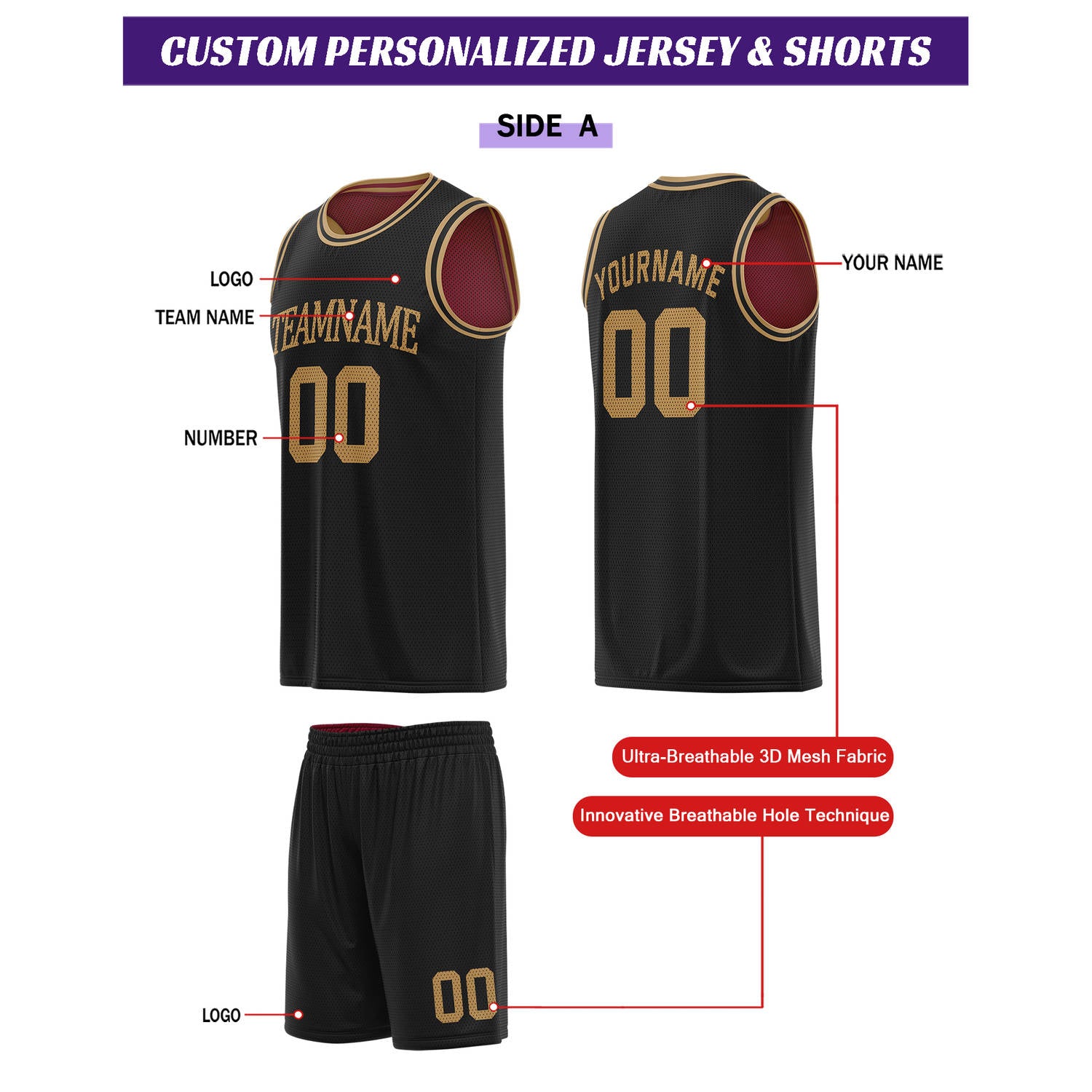 Custom reversible black & maroon basketball uniform set, personalized team name number logo breathable mesh sports jersey and shorts for men women youth game practice - Vosoli