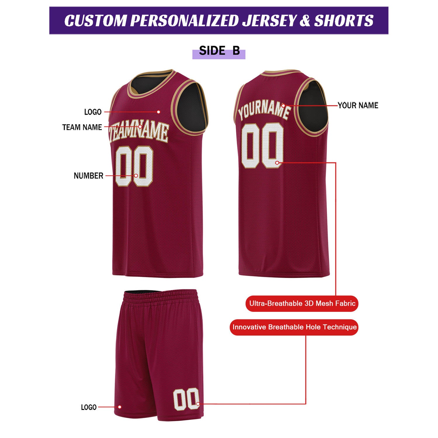 Custom Reversible Black & Crimson Basketball Uniform Set | Personalized for Team Sports Practice - Vosoli