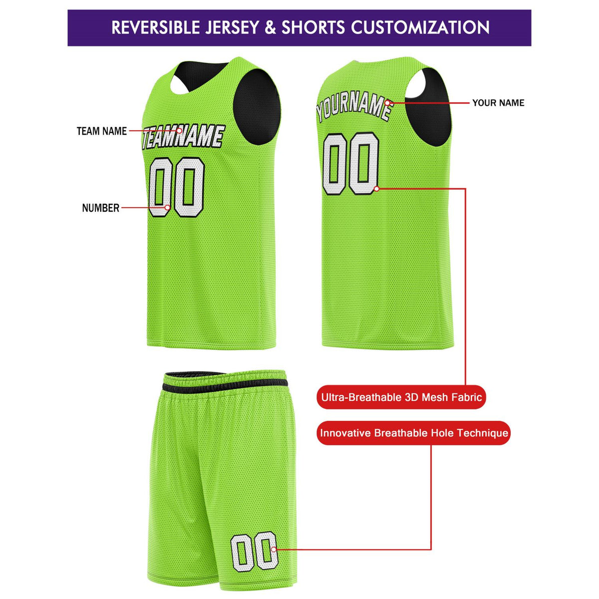 Custom Reversible Black Neon Green Basketball Jersey & Shorts Set | Personalized Team Kit | Vosoli