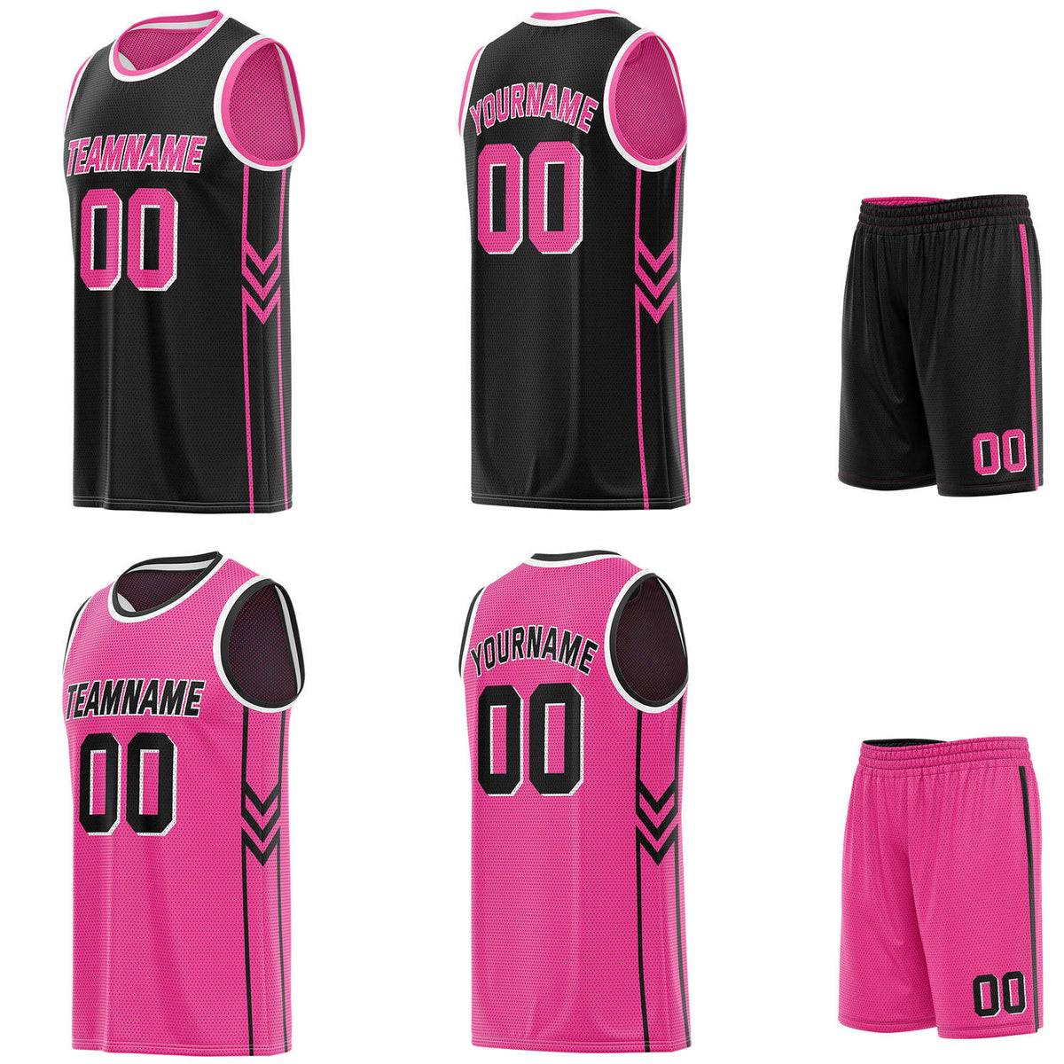 Custom reversible black &amp; neon pink basketball uniform set, personalized with team name number and logo, breathable mesh fabric for men women youth game practice - Vosoli
