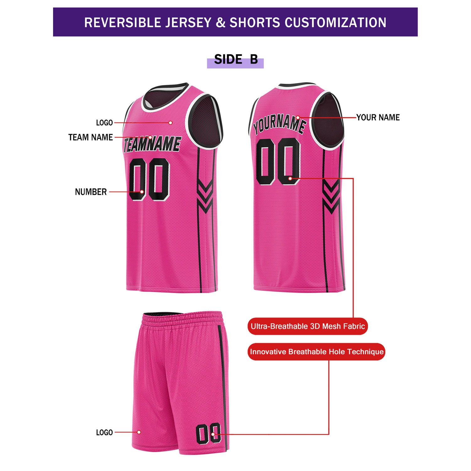 Custom Reversible Black Neon Pink Basketball Uniform Set | Team Name & Number - Vosoli