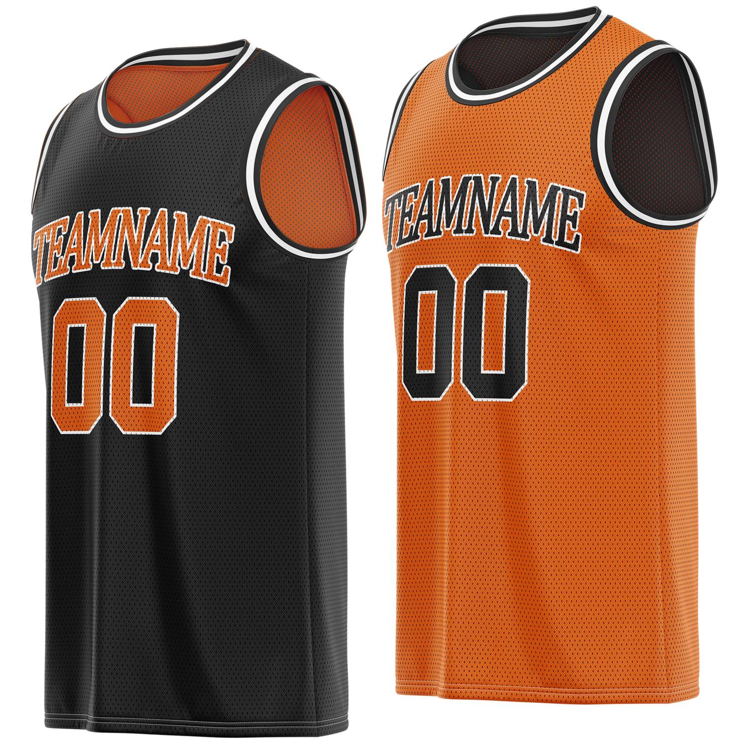 Custom reversible black & orange basketball jersey, personalized team name number logo breathable mesh sports top for men women youth game practice - Vosoli