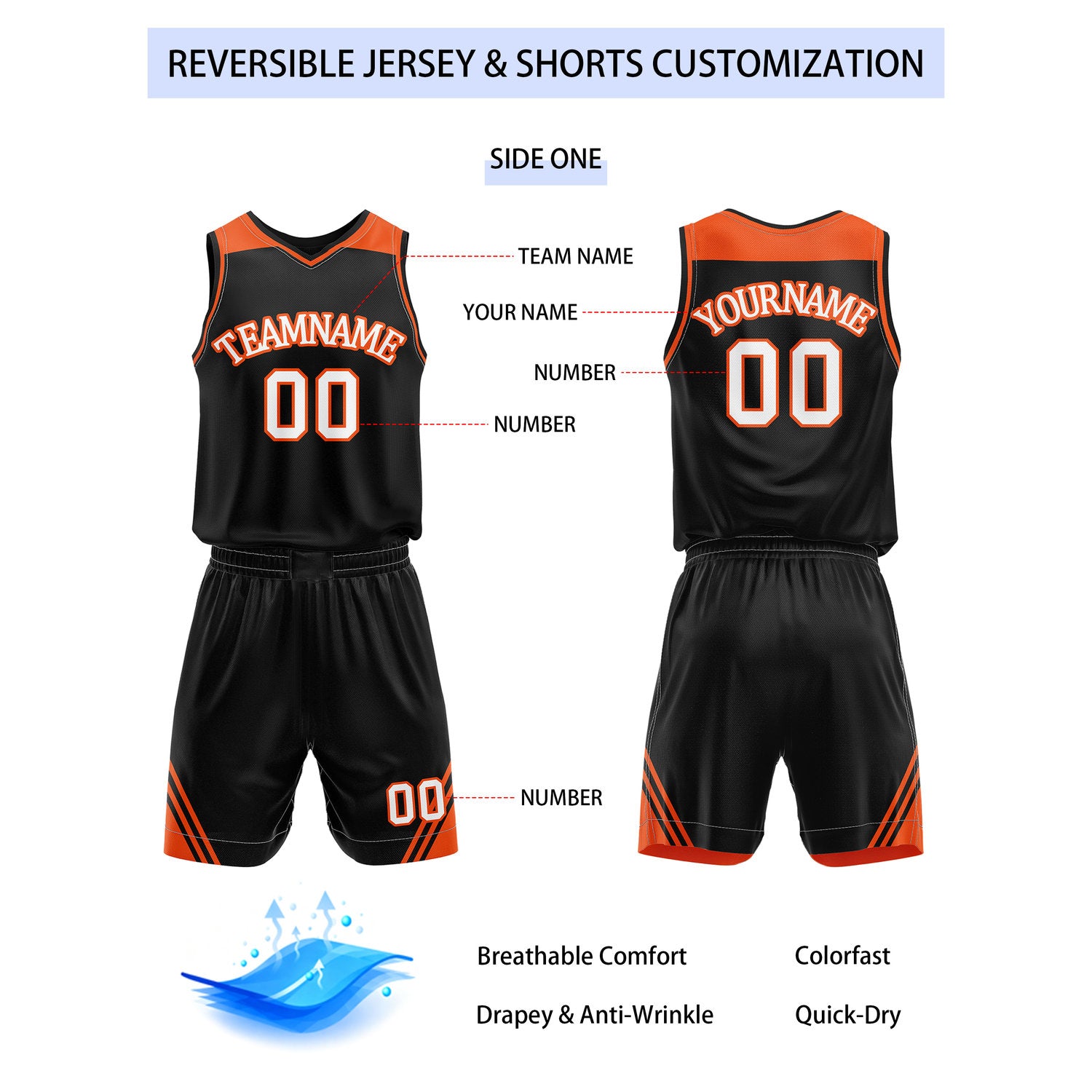 Custom Reversible Black Orange Basketball Uniform Set | Team Name & Number - Vosoli