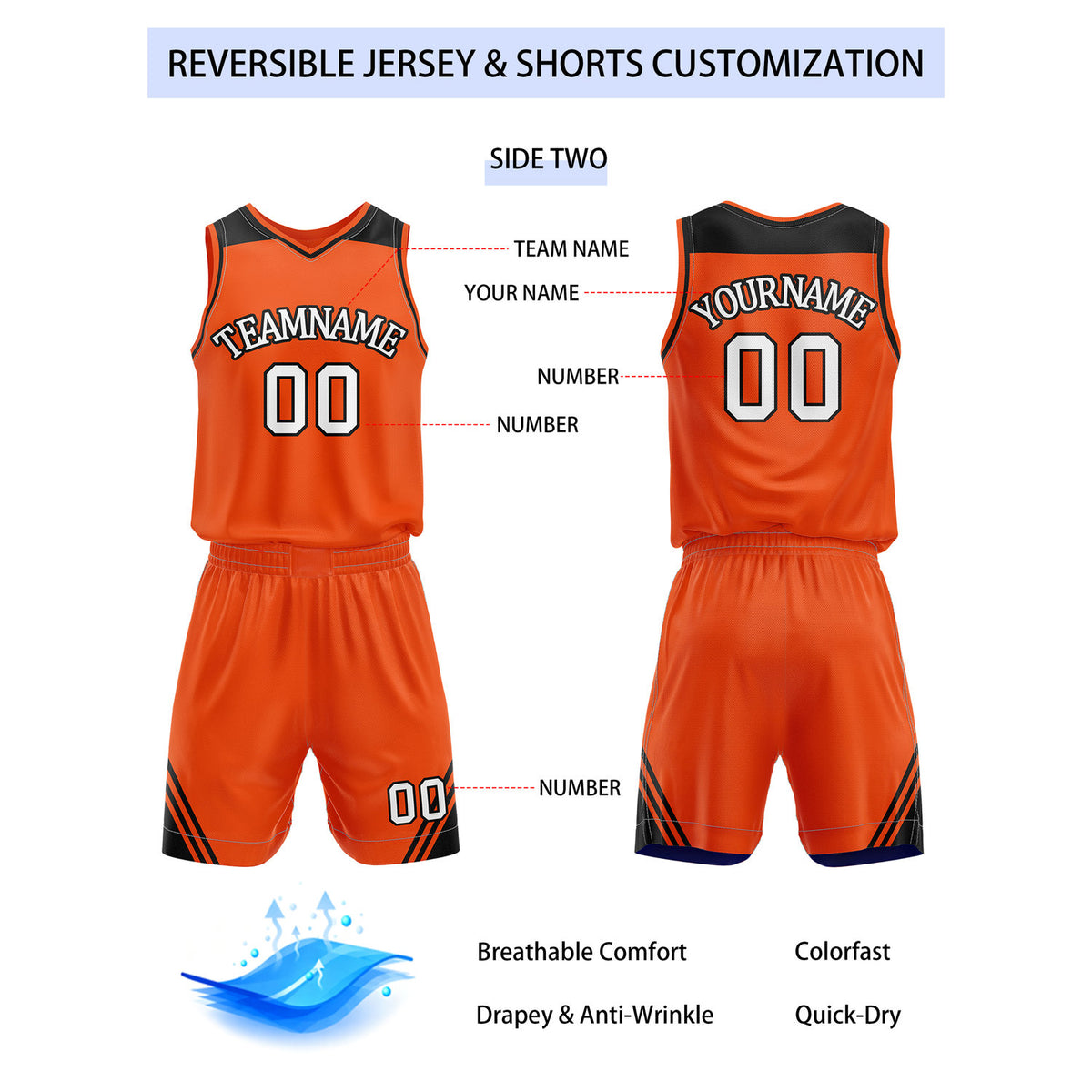 Custom Reversible Black Orange Basketball Uniform Set | Team Name & Number - Vosoli