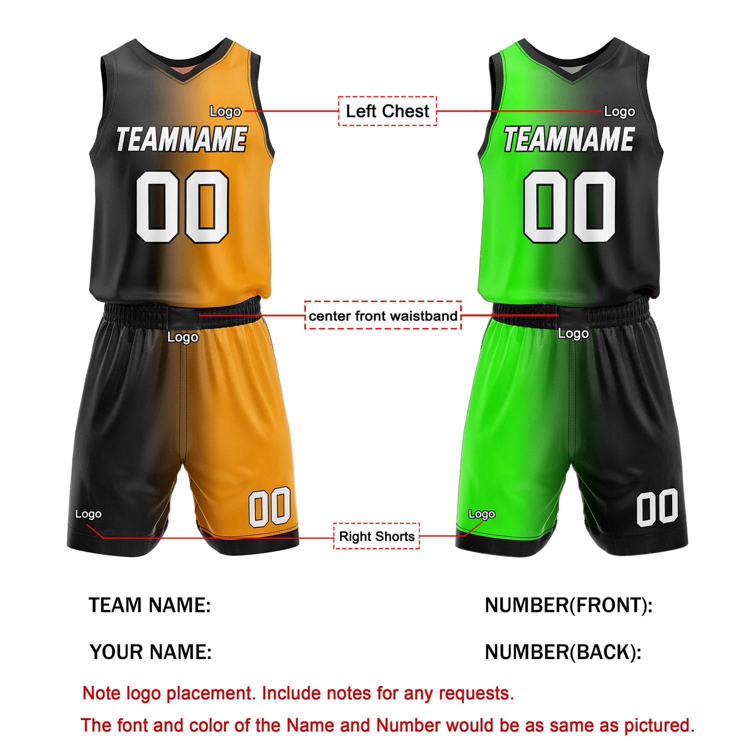 Custom Reversible Black Orange Green Basketball Uniform Set | Team & Player Name - Vosoli