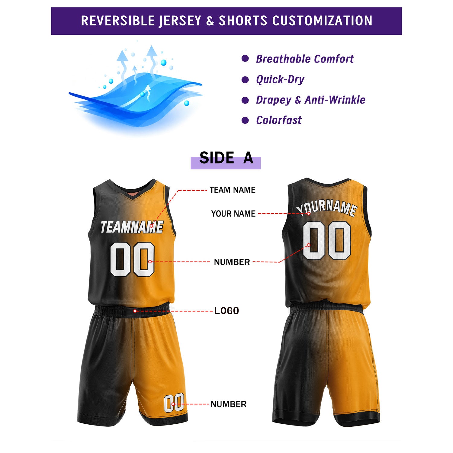 Custom Reversible Black Orange Green Basketball Uniform Set | Team & Player Name - Vosoli
