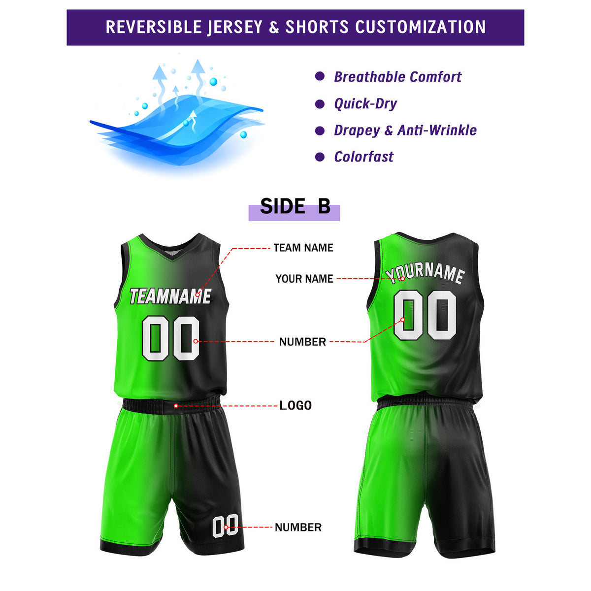 Custom Reversible Black Orange Green Basketball Uniform Set | Team & Player Name - Vosoli