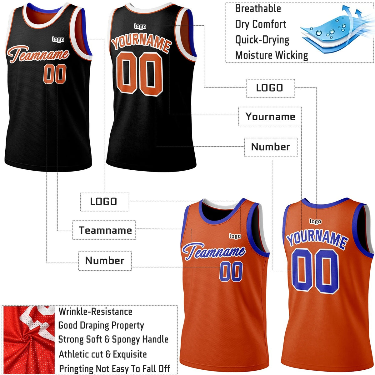 Custom Reversible Black & Orange Basketball Jersey | Personalized Team Jersey | Vosoli