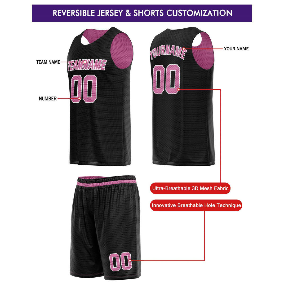Custom Reversible Black Pink Basketball Jersey & Shorts Set | Personalized Team Kit | Vosoli