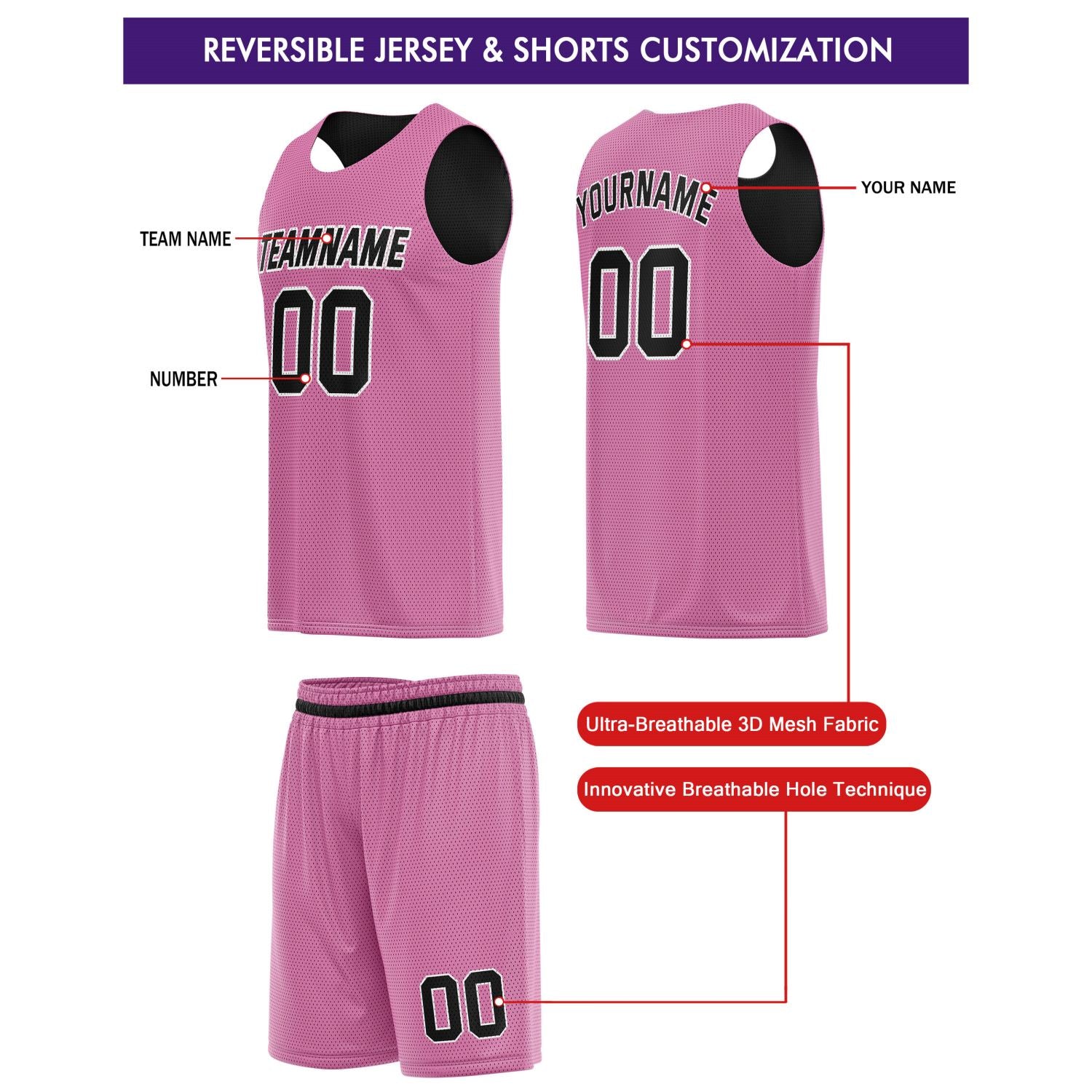 Custom Reversible Black Pink Basketball Jersey & Shorts Set | Personalized Team Kit | Vosoli