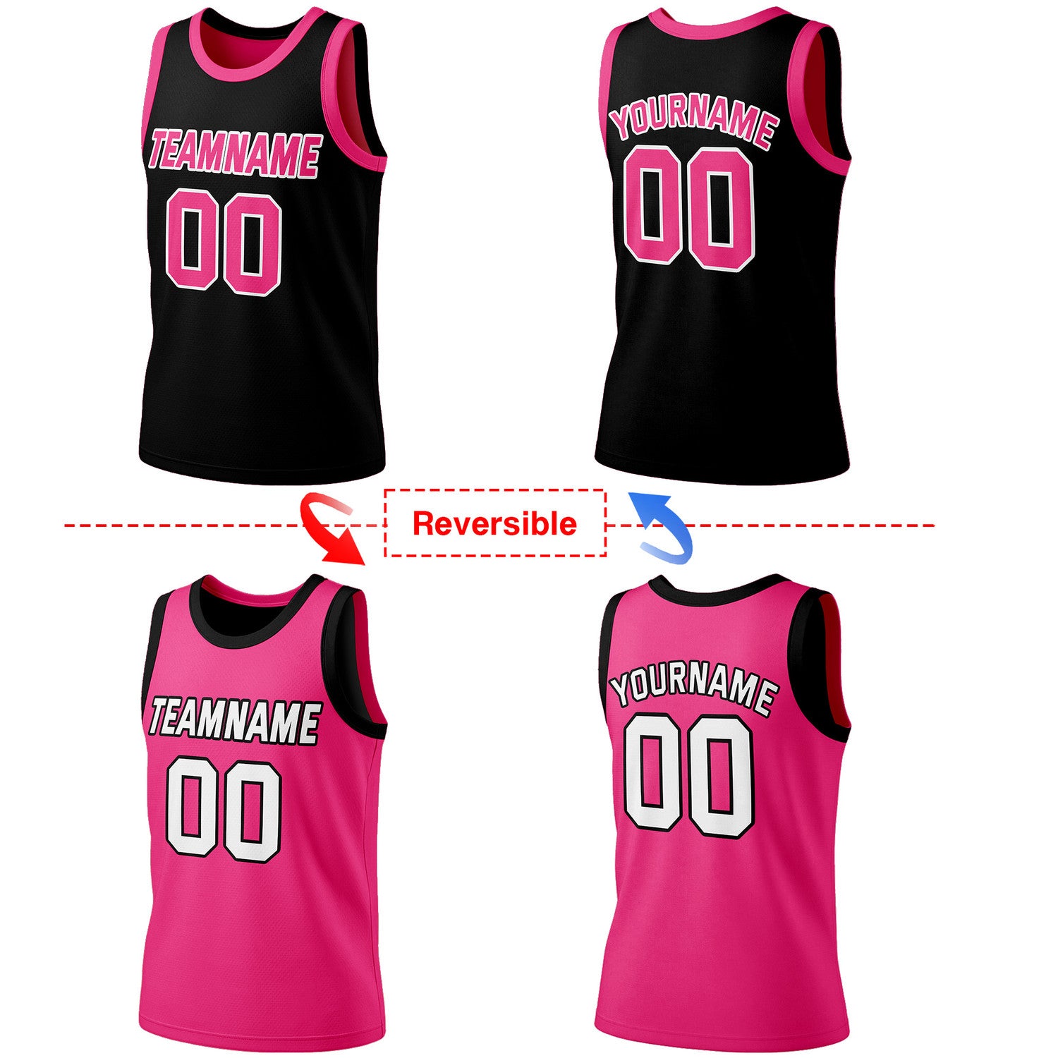 Custom reversible black & pink basketball jersey, personalized team name number logo, breathable mesh fabric sports top for men women youth Adult game practice - Vosoli
