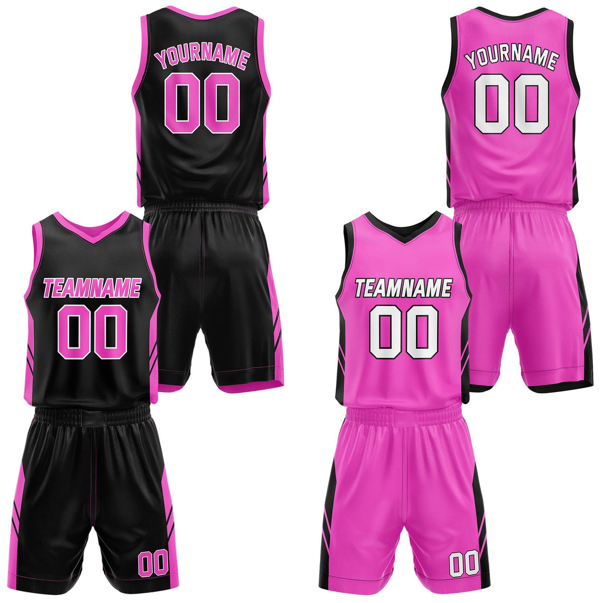 Custom Reversible Black Pink Basketball Jersey and Shorts Set, Personalized Team Name Number Breathable Mesh Uniform for Men Women Youth