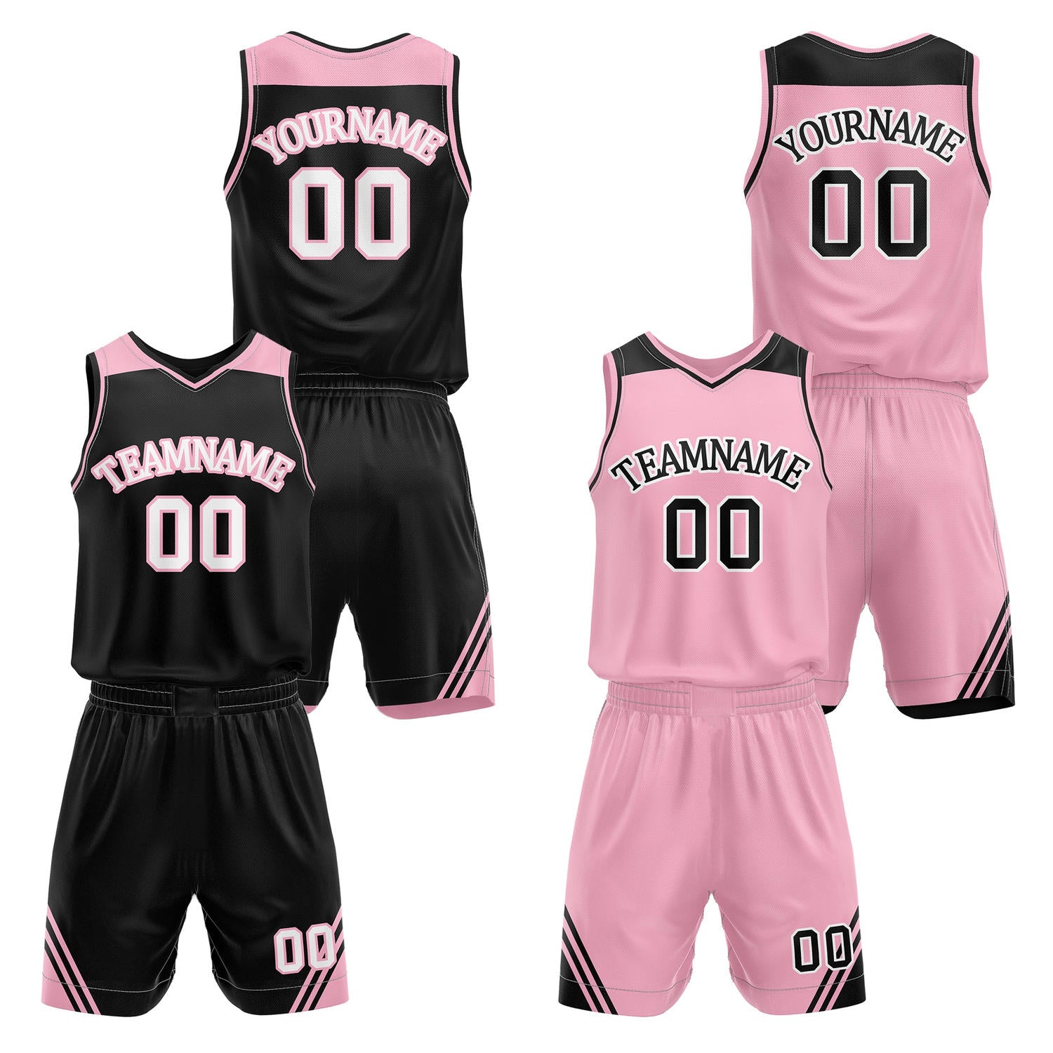 Custom reversible black & pink basketball uniform set, personalized with team name number and logo, breathable mesh fabric for men women youth game practice - Vosoli