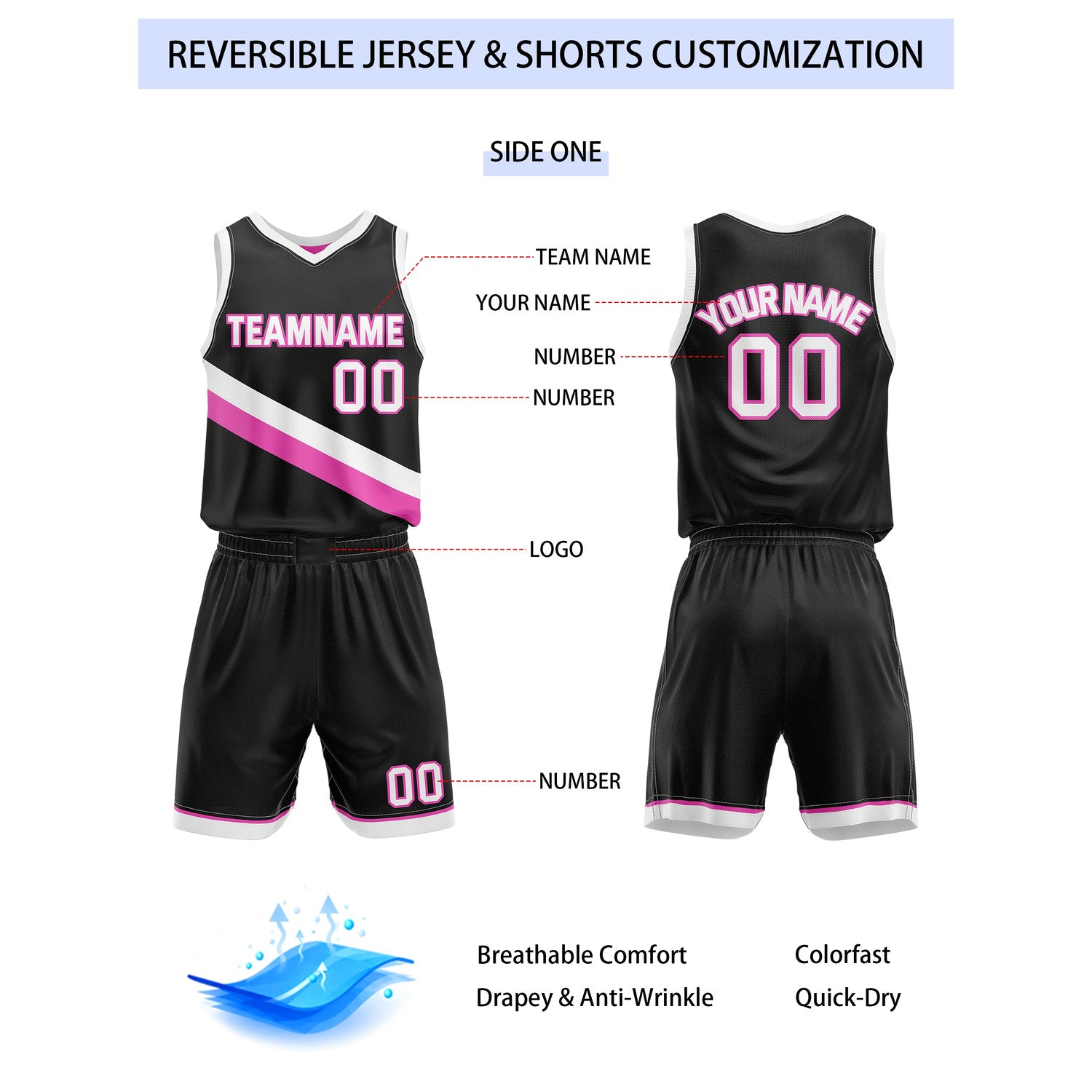 Custom Reversible Black Pink Basketball Uniform Set | Team & Player Name - Vosoli