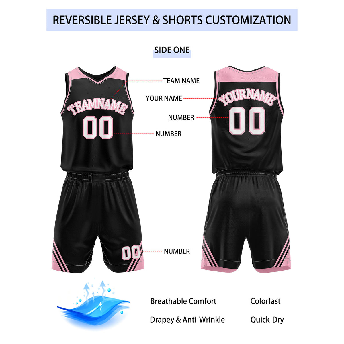 Custom Reversible Black Pink Basketball Uniform Set | Team Name & Number - Vosoli