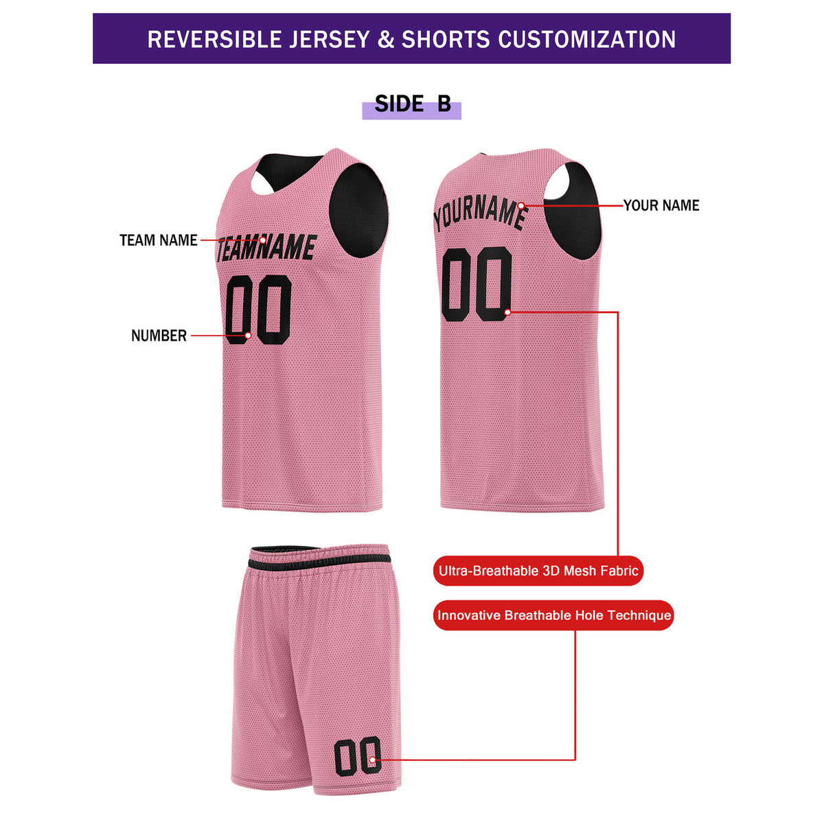 Custom Reversible Black Pink Basketball Uniform Set | Team Name & Number - Vosoli