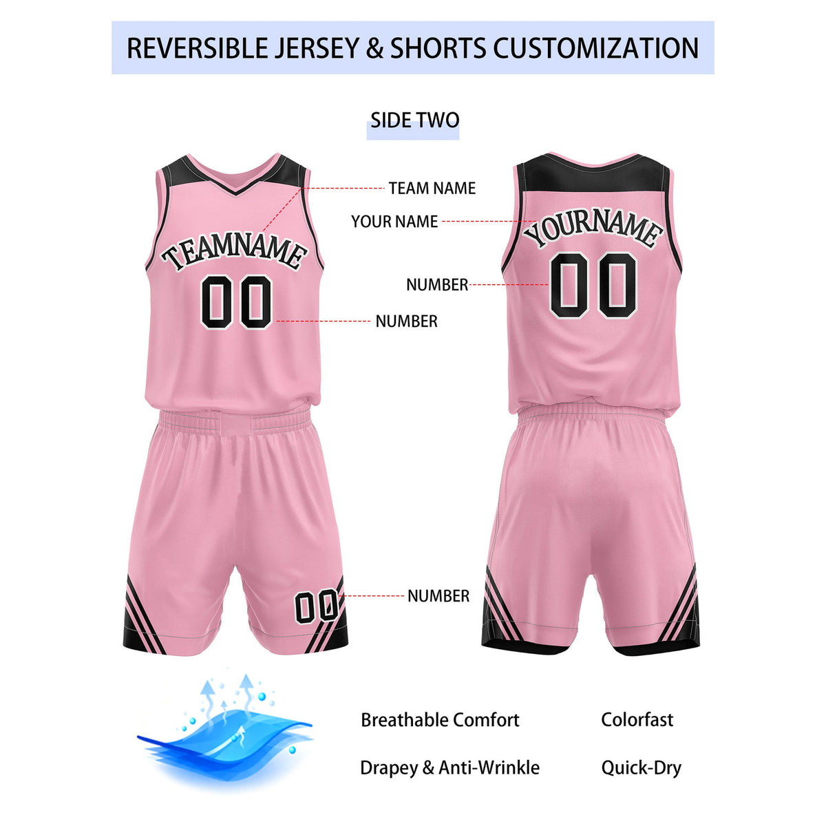 Custom Reversible Black Pink Basketball Uniform Set | Team Name & Number - Vosoli