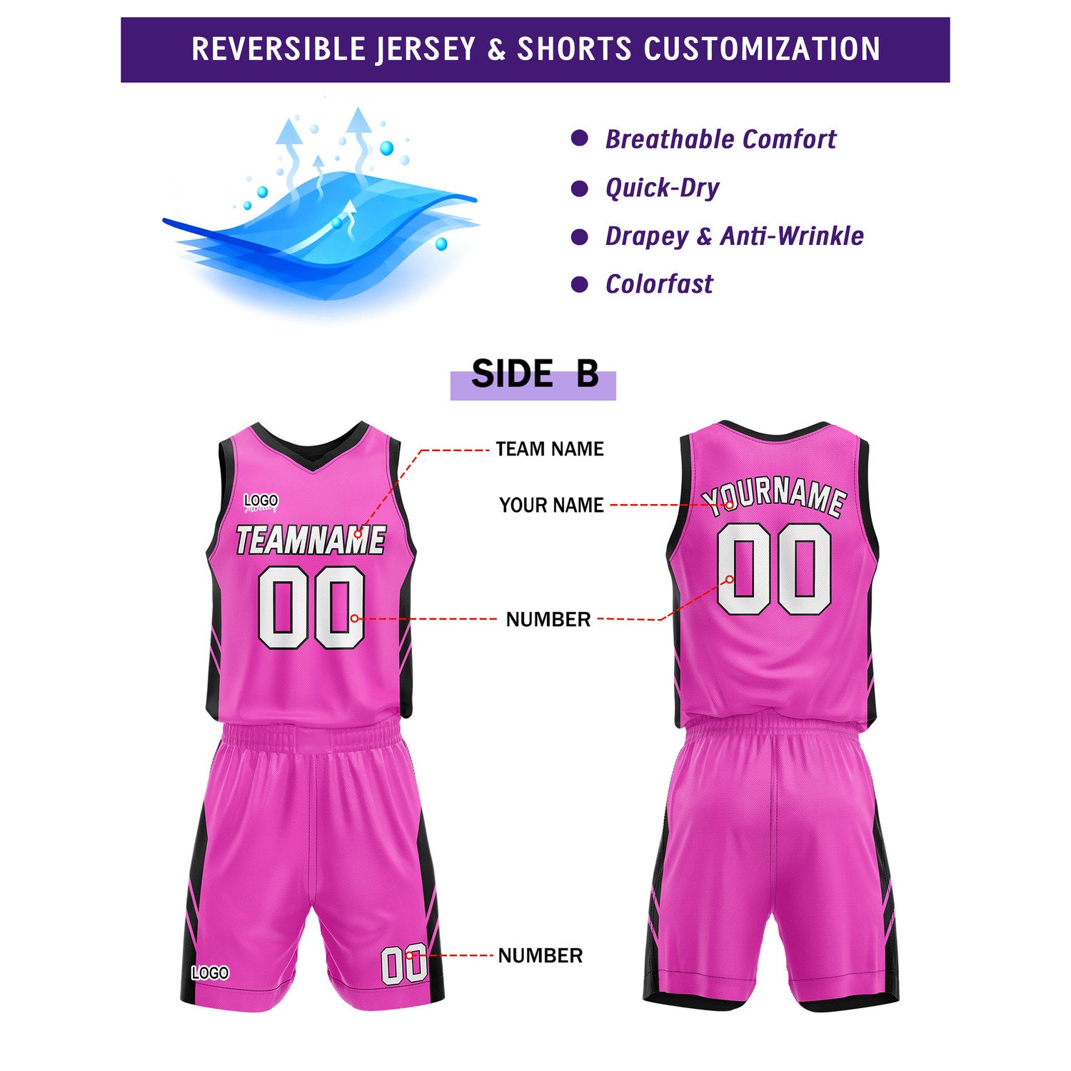 Custom Black Pink Basketball Uniforms for Youth & Adults - Reversible Jersey Set - Vosoli