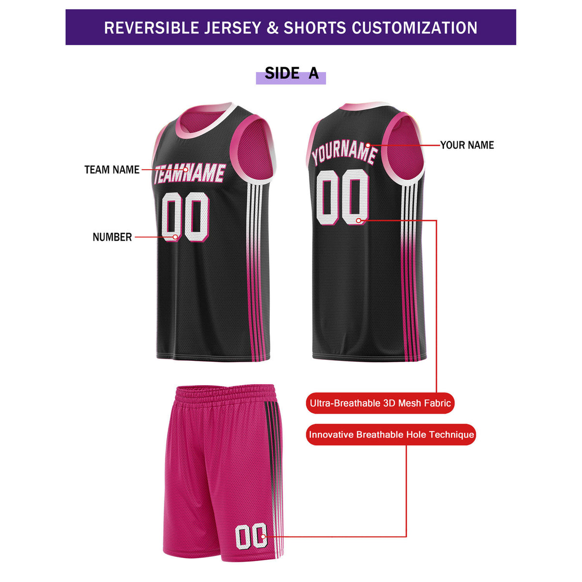 Custom Reversible Black Pink Basketball Uniform Set | Team & Player Name - Vosoli