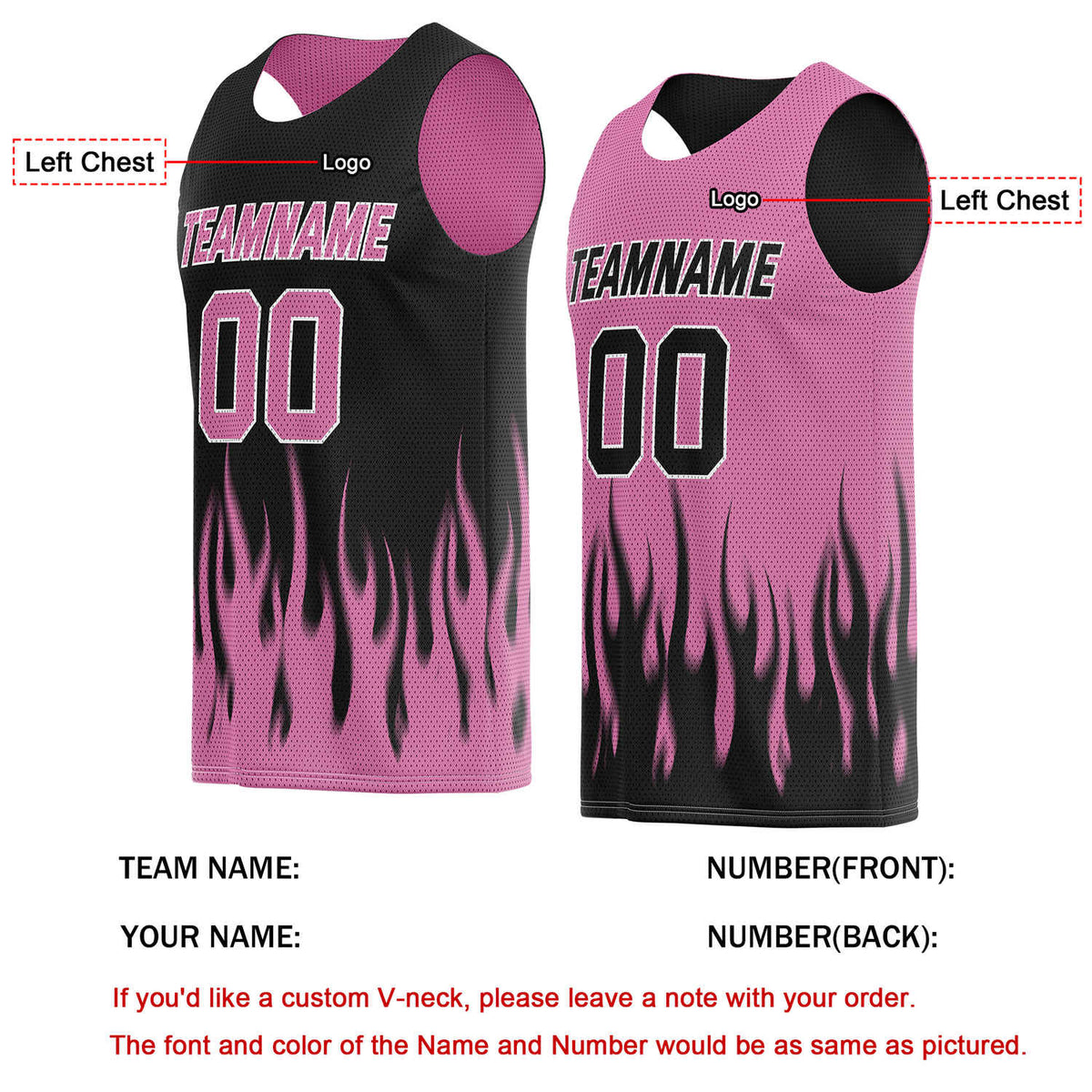 Custom Reversible Black Pink Flame Basketball Jersey | Personalized Team Top - Vosoli