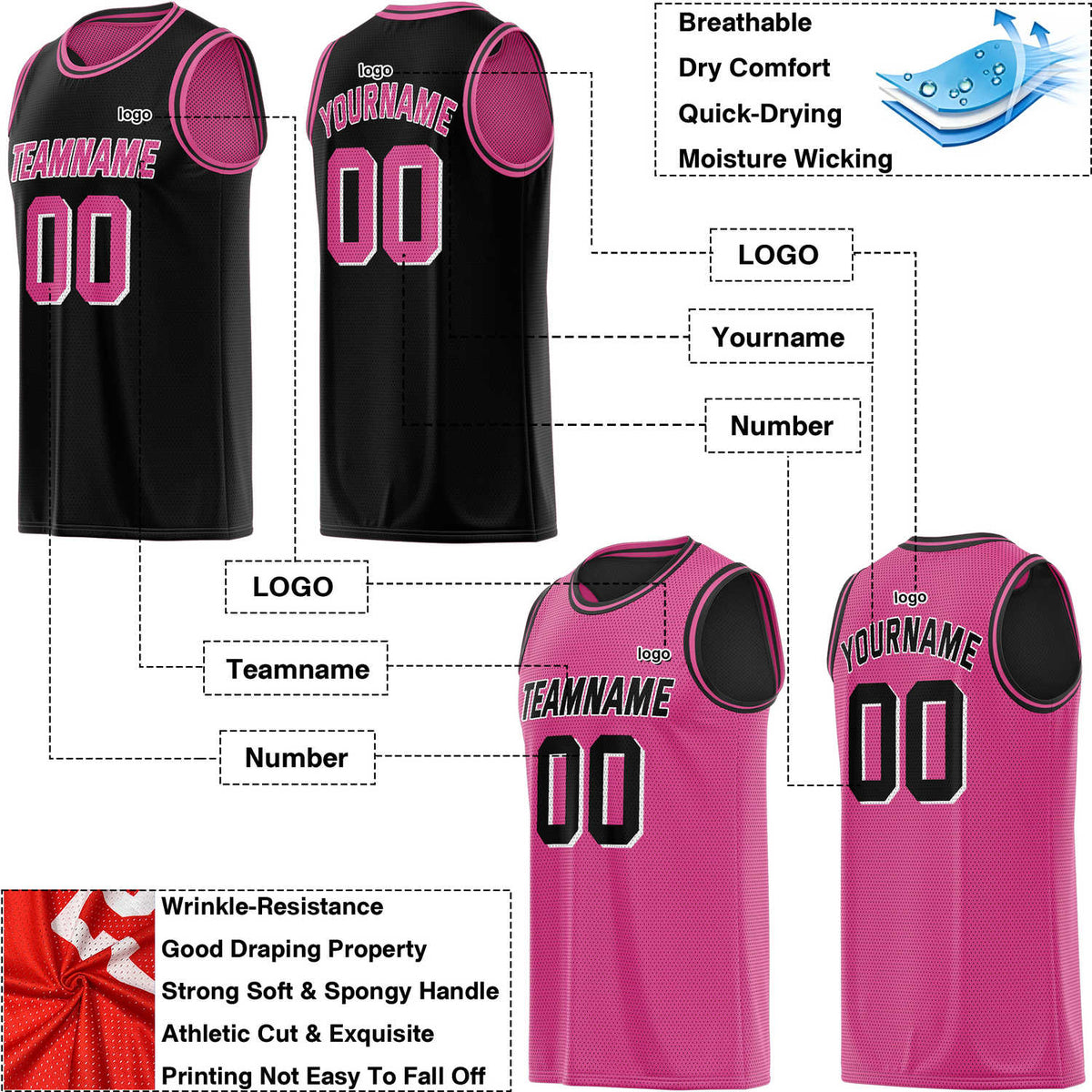 Custom Reversible Black & Pink Mesh Basketball Jersey | Personalized Team Jersey | Vosoli