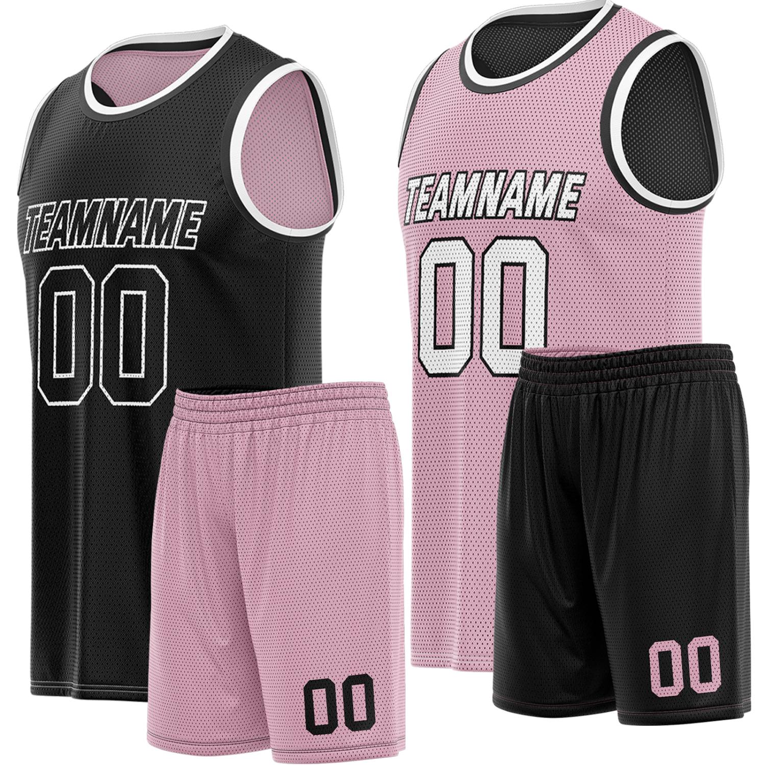 Custom reversible black & pink basketball uniform, personalized team name number Logo breathable Mesh sports set for men women youth Adult game practice - Vosoli