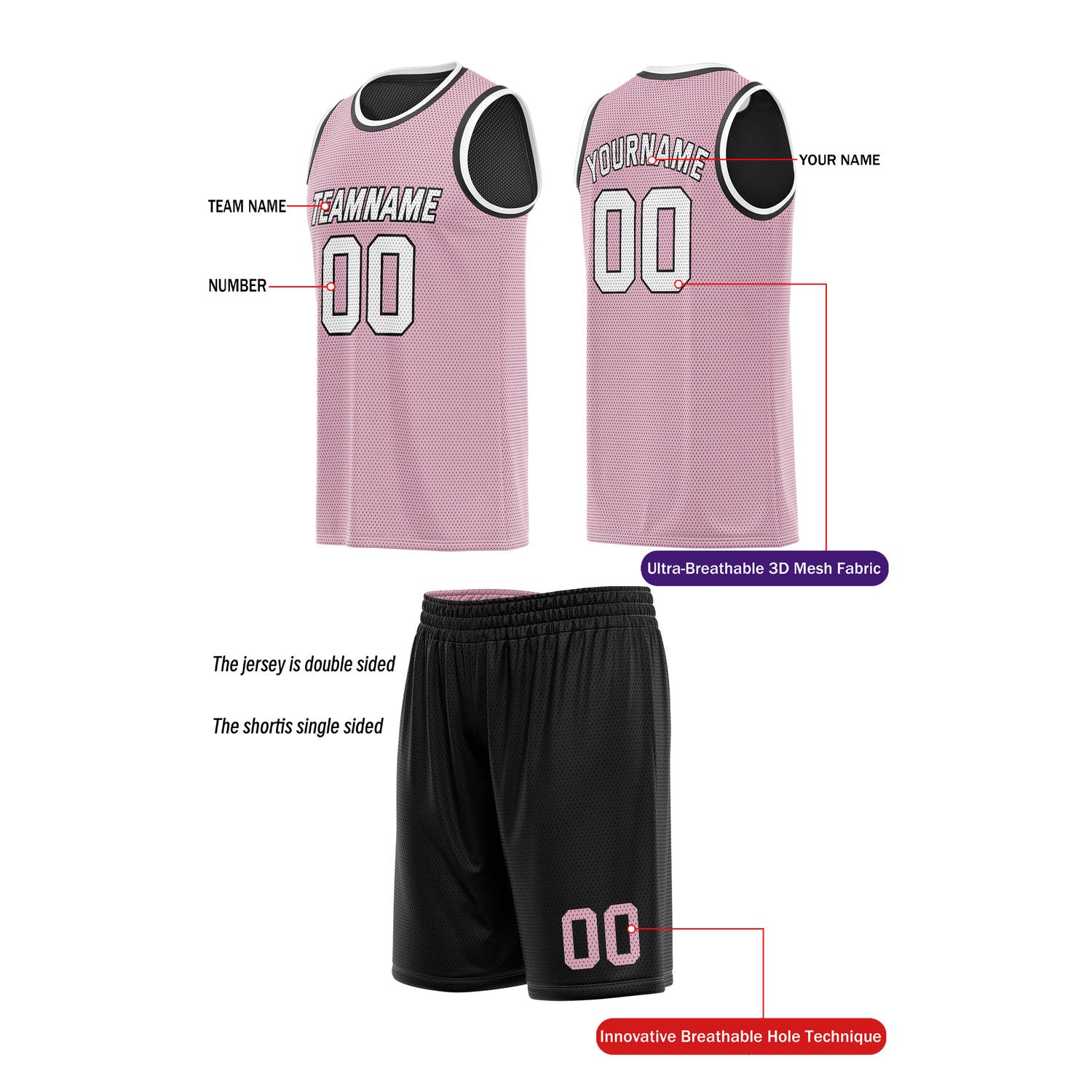 Custom Reversible Black & Pink Basketball Uniform (Jersey + Shorts) | Personalized Team Set | Vosoli