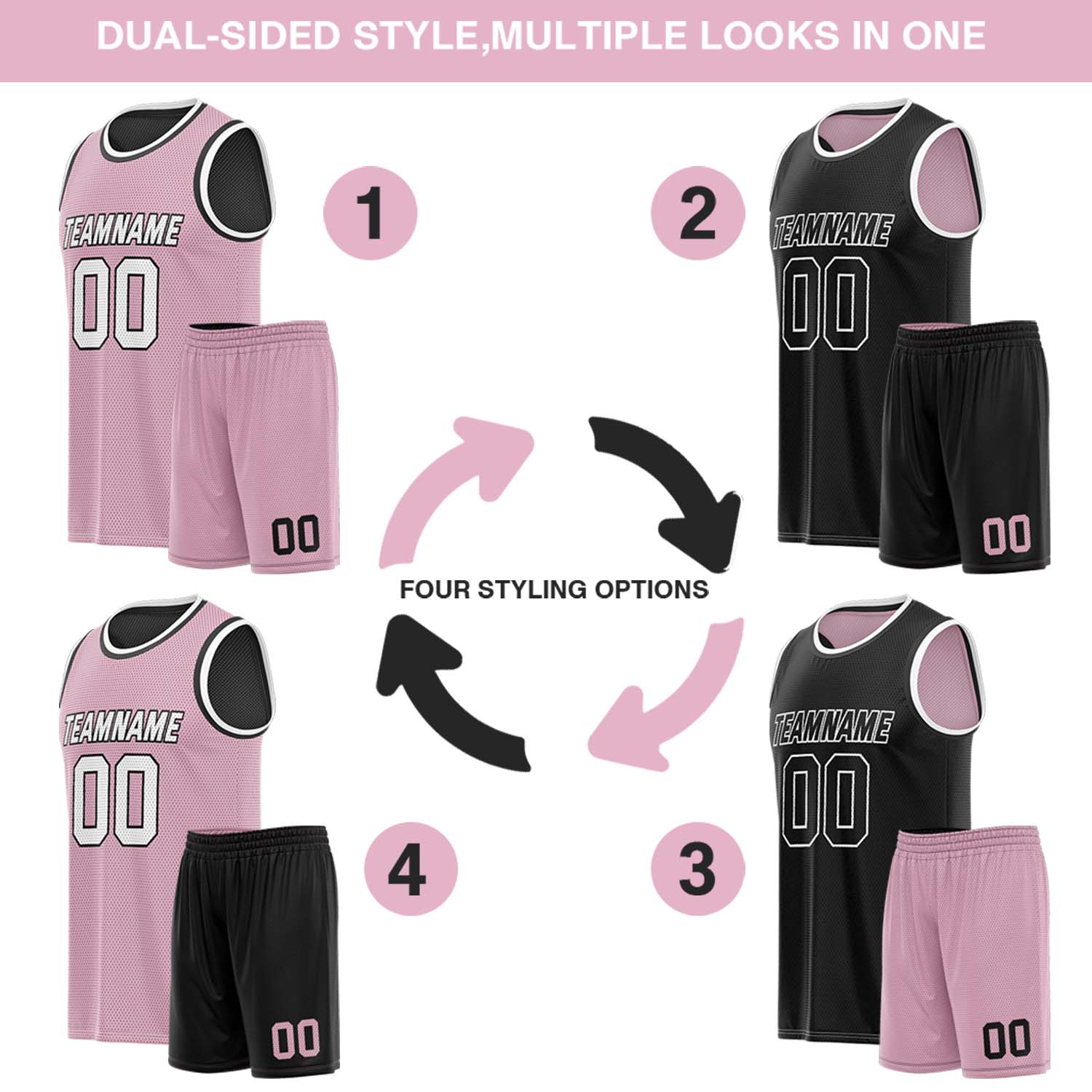 Custom reversible black & pink basketball uniform, personalized team name number Logo breathable Mesh sports set for men women youth Adult game practice - Vosoli