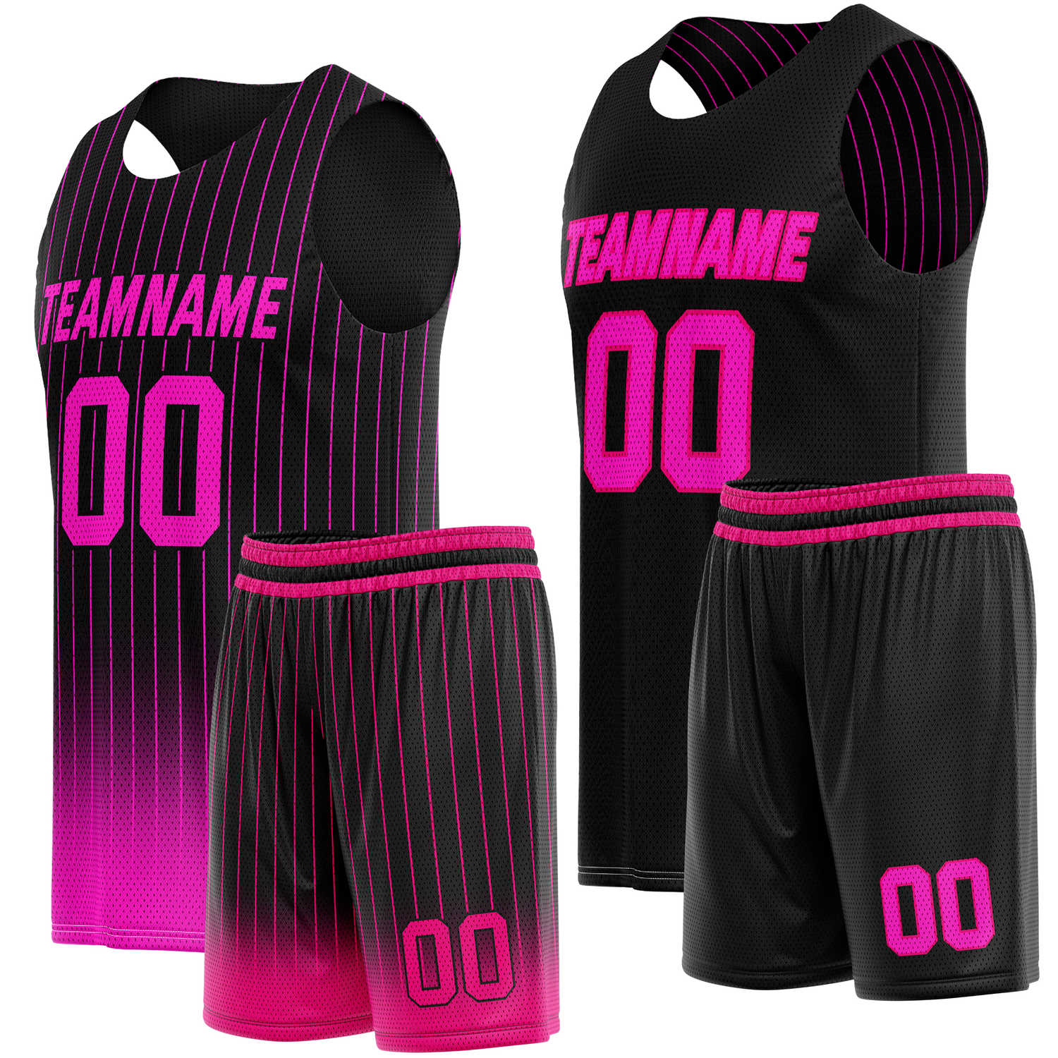 Custom Reversible Basketball Jersey + Shorts Set (Black & Pink Stripe) - Personalized Team Name, Number & LOGO | Vosoli