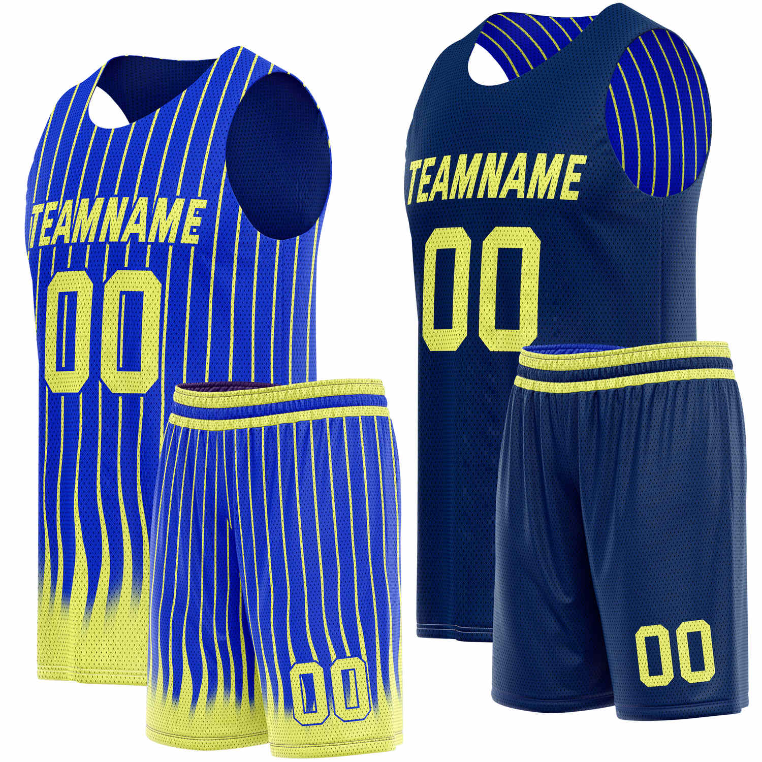 Custom Reversible Basketball Jersey + Shorts Set (Navy Blue & Yellow Stripe) - Personalized Team Name, Number & LOGO | Vosoli