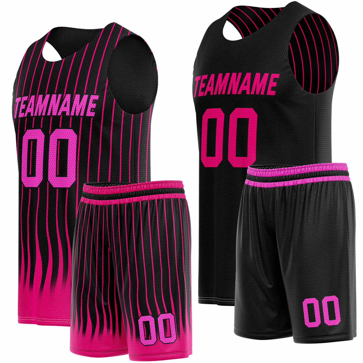 Custom Reversible Basketball Jersey + Shorts Set (Black &amp; Pink Stripe) - Personalized Team Name, Number &amp; LOGO | Vosoli