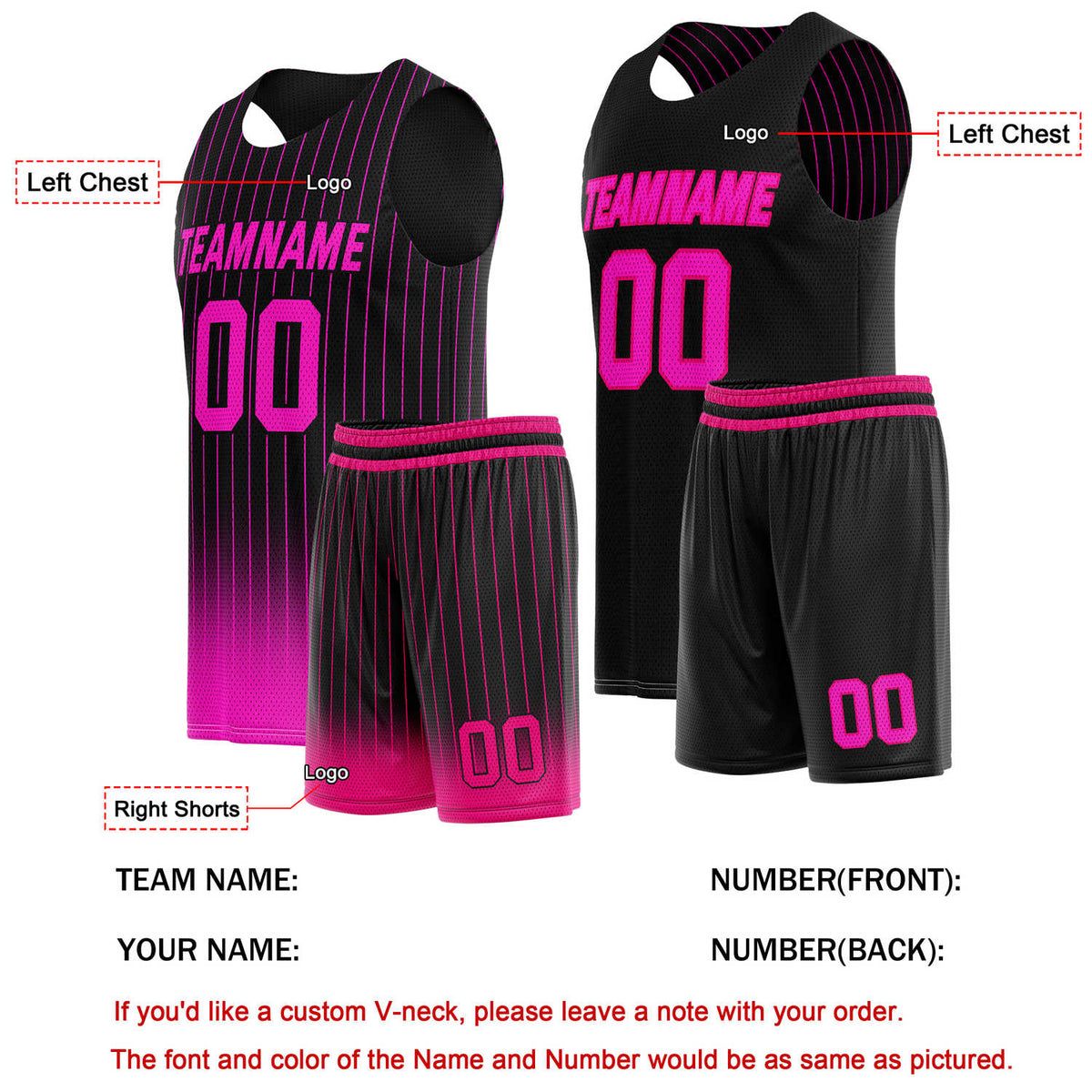 Custom Reversible Basketball Jersey + Shorts Set (Black & Pink Stripe) - Personalized Team Name, Number & LOGO | Vosoli