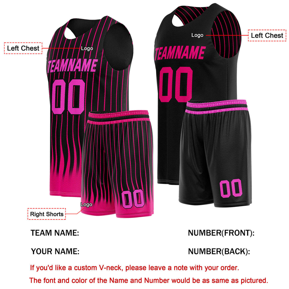 Custom Reversible Basketball Jersey + Shorts Set (Black & Pink Stripe) - Personalized Team Name, Number & LOGO | Vosoli