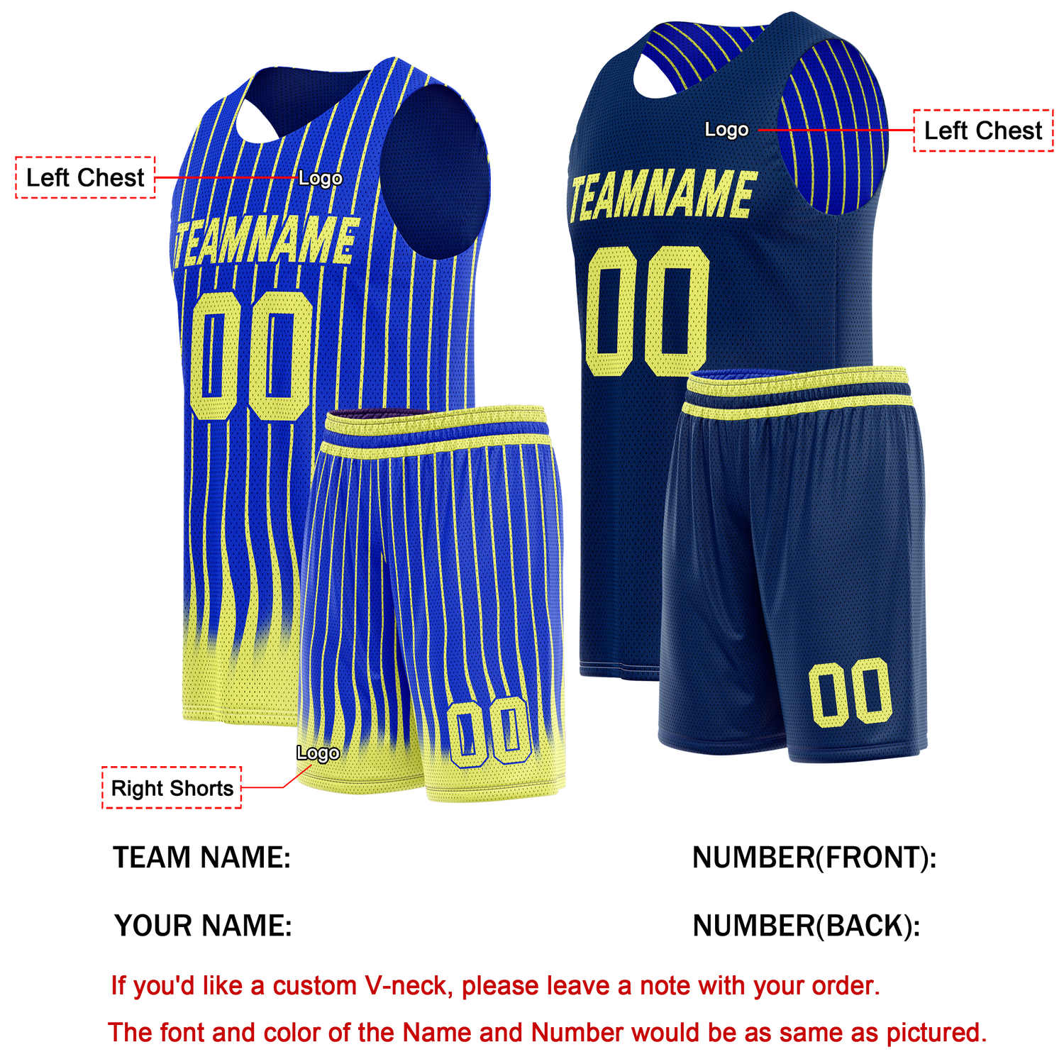 Custom Reversible Basketball Jersey + Shorts Set (Navy Blue & Yellow Stripe) - Personalized Team Name, Number & LOGO | Vosoli